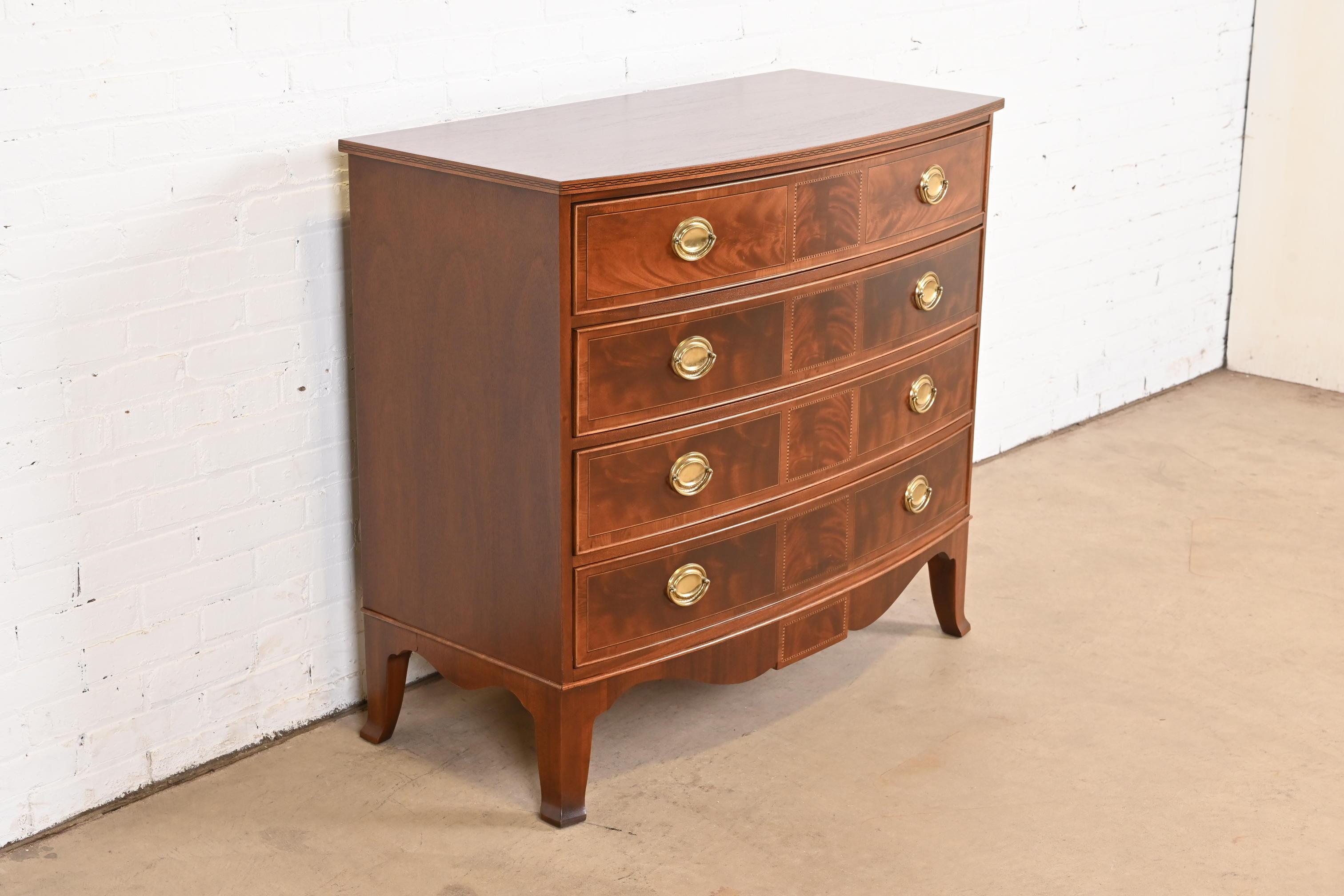 Hekman Georgian Inlaid Flame Mahogany Bow Front Chest of Drawers, Refinished 1