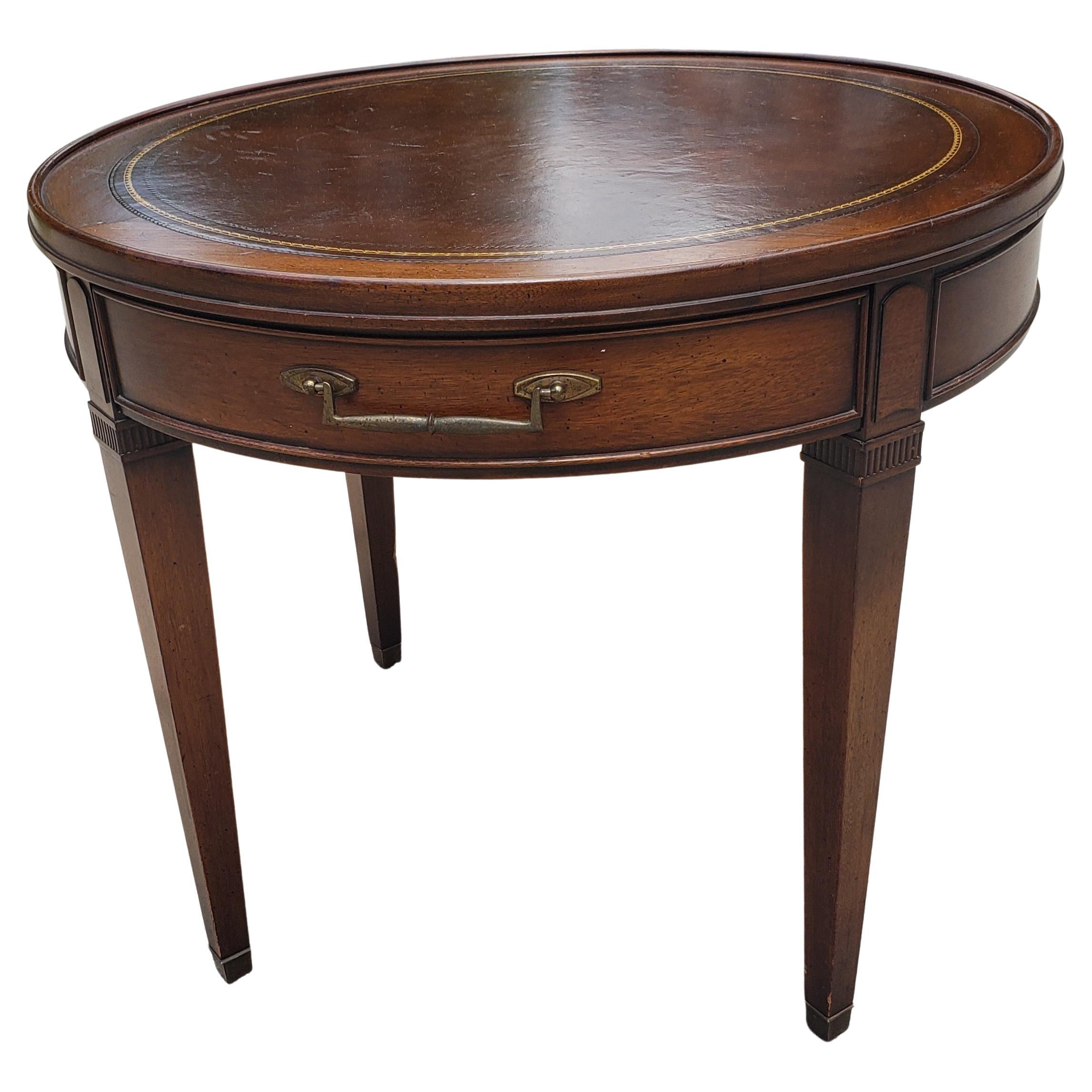 American Hekman Mahogany Stenciled Brown Leather Top Table For Sale