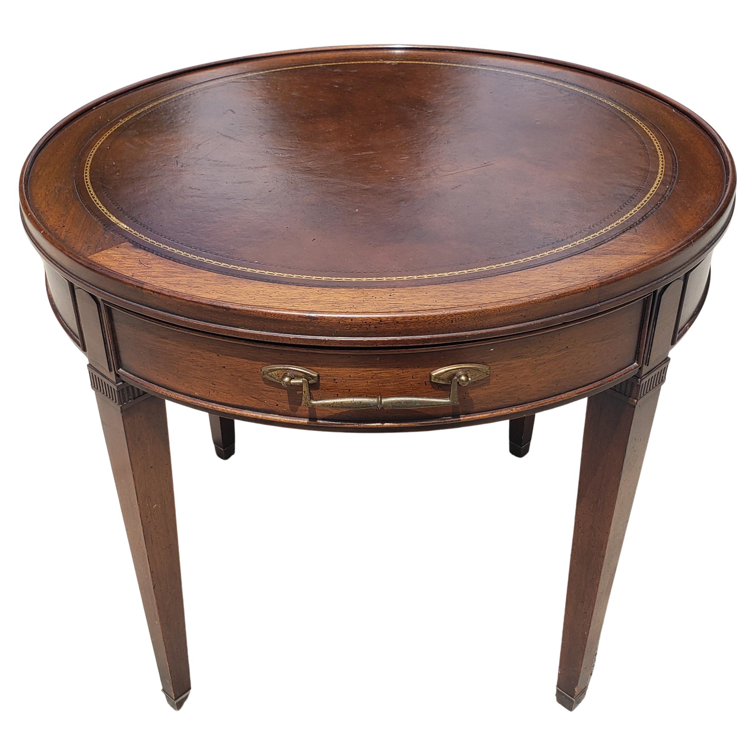 Hekman Mahogany Stenciled Brown Leather Top Table For Sale