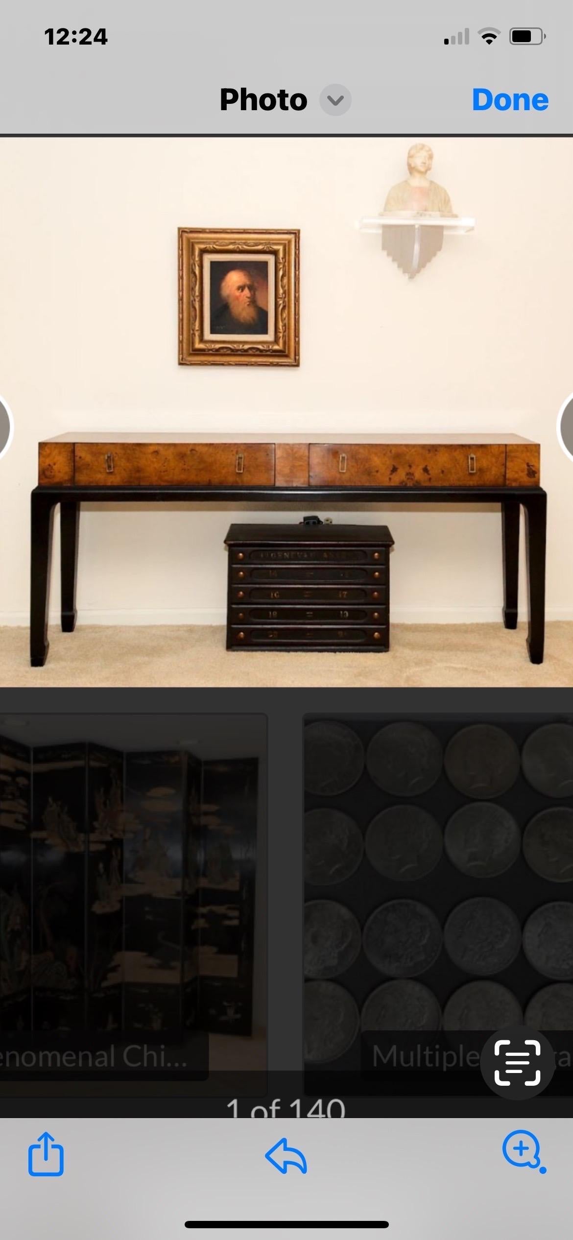 Hekman midcentury burled wood console In Good Condition In Winnetka, IL