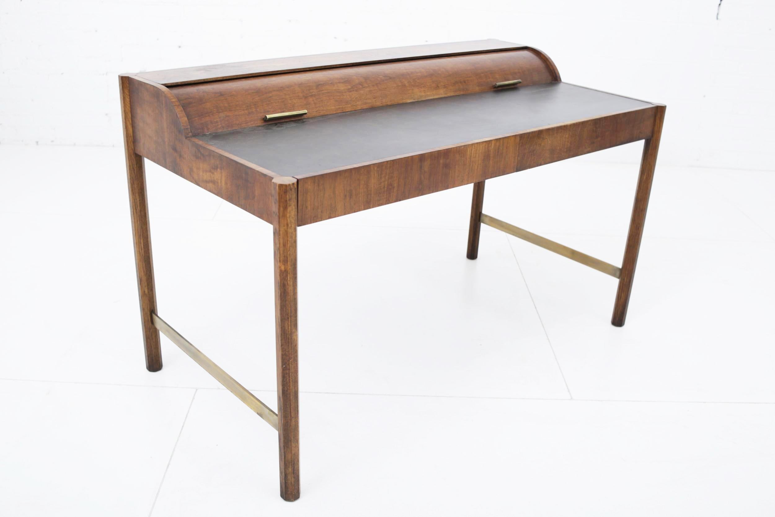 20th Century Hekman Walnut and Brass Roll Top Writing Desk