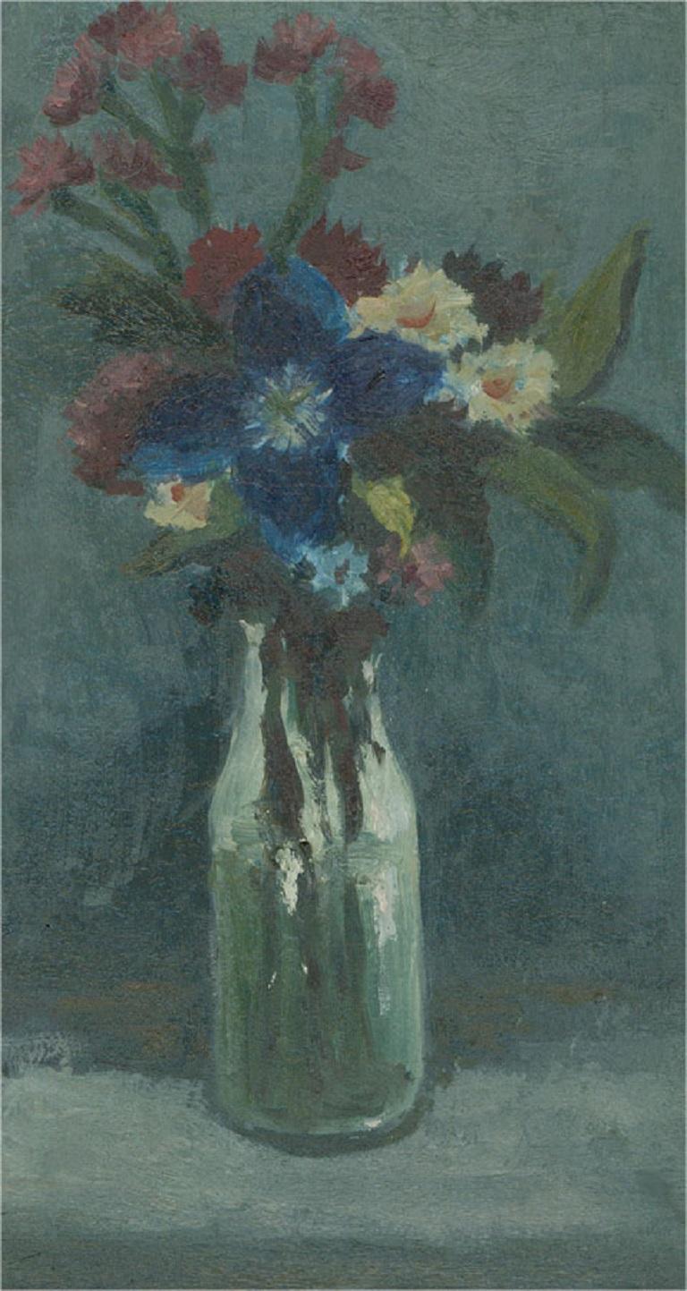 H.E.L. - 20ème siècle, huile, fleurs dans verre en vente 1