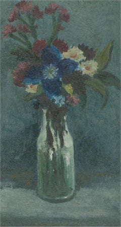 H.E.L. - 20th Century Oil, Flowers in Glass Vase