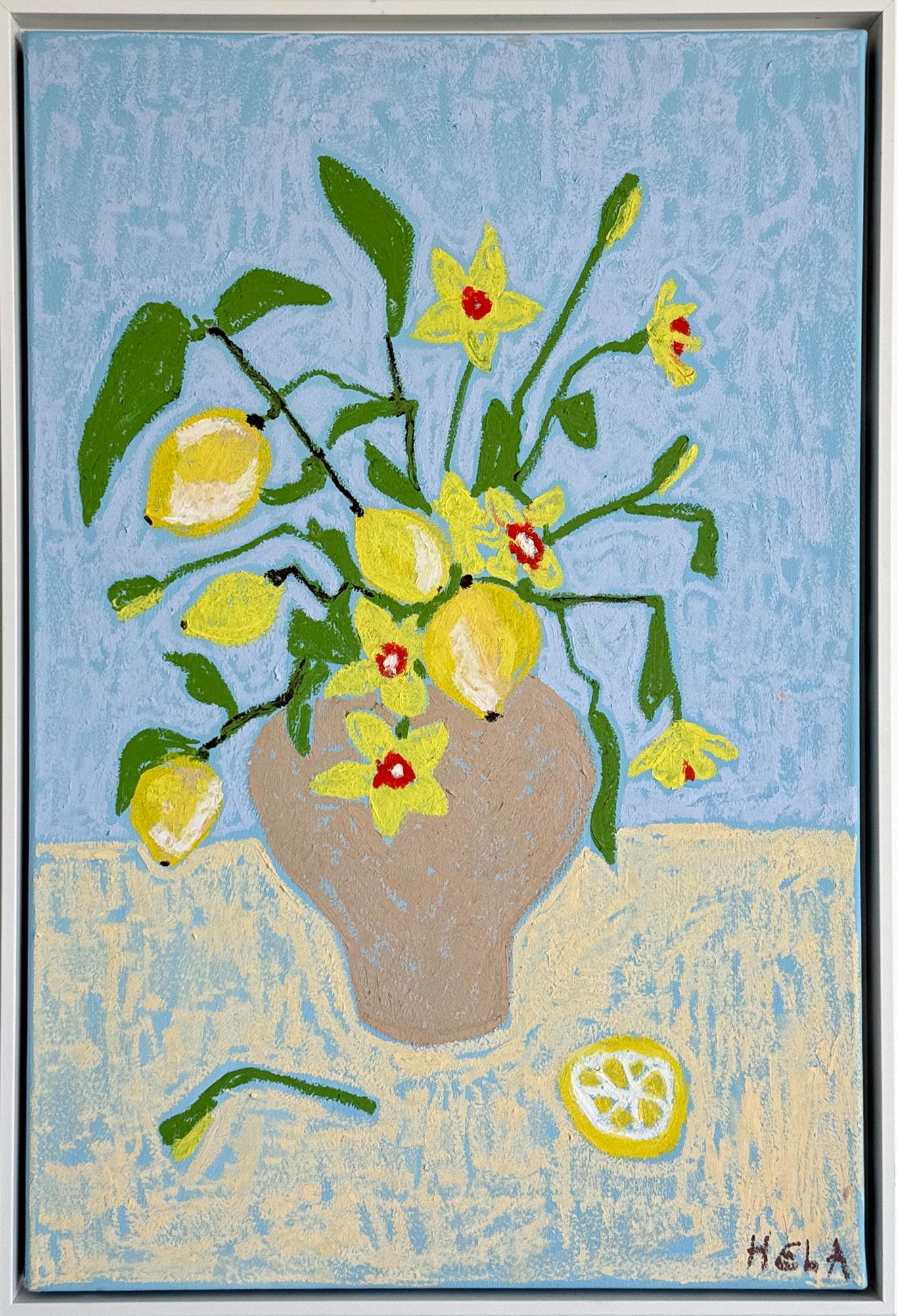 Citrons parmi les fleurs Hela - Peinture contemporaine de nature morte à l'huile et au pastel de fleurs