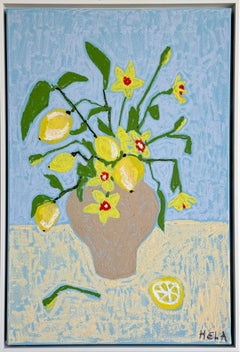 Zitronen zwischen Blüten Hela - Zeitgenössische Blumen Öl Pastell Stillleben Malerei