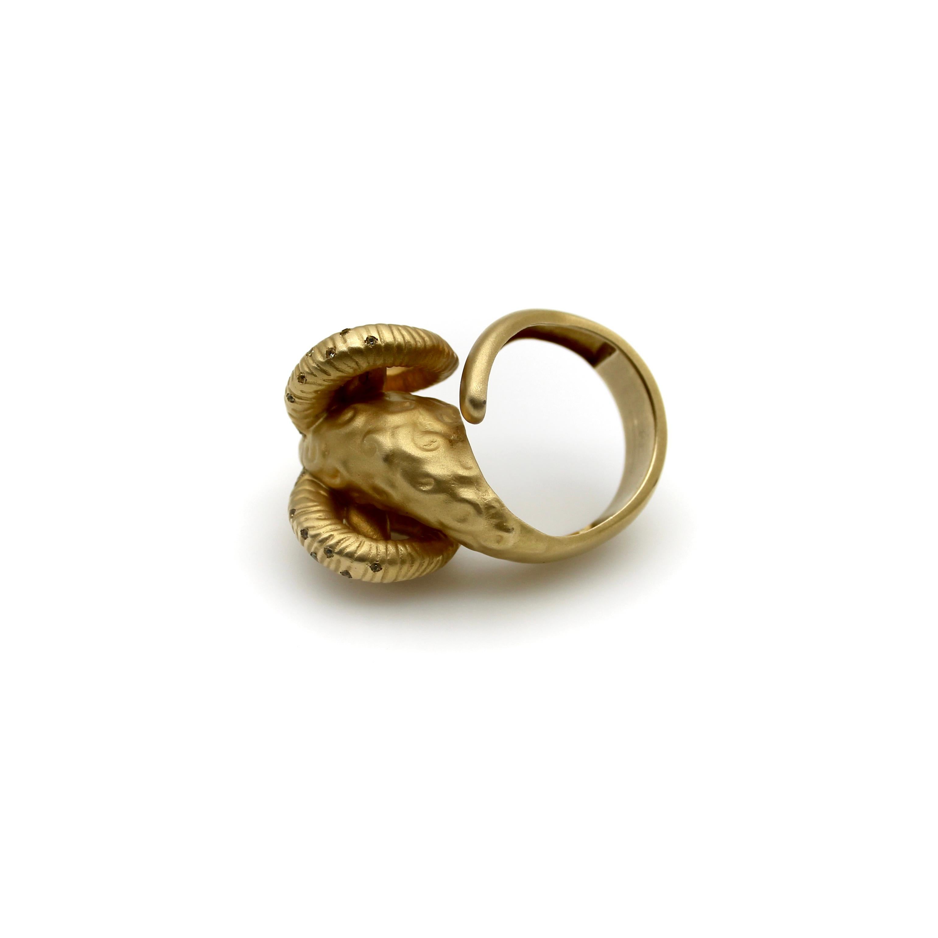 Contemporary Helannona 14k Gold Ram’s Head Ring with Micro Pave Citrines