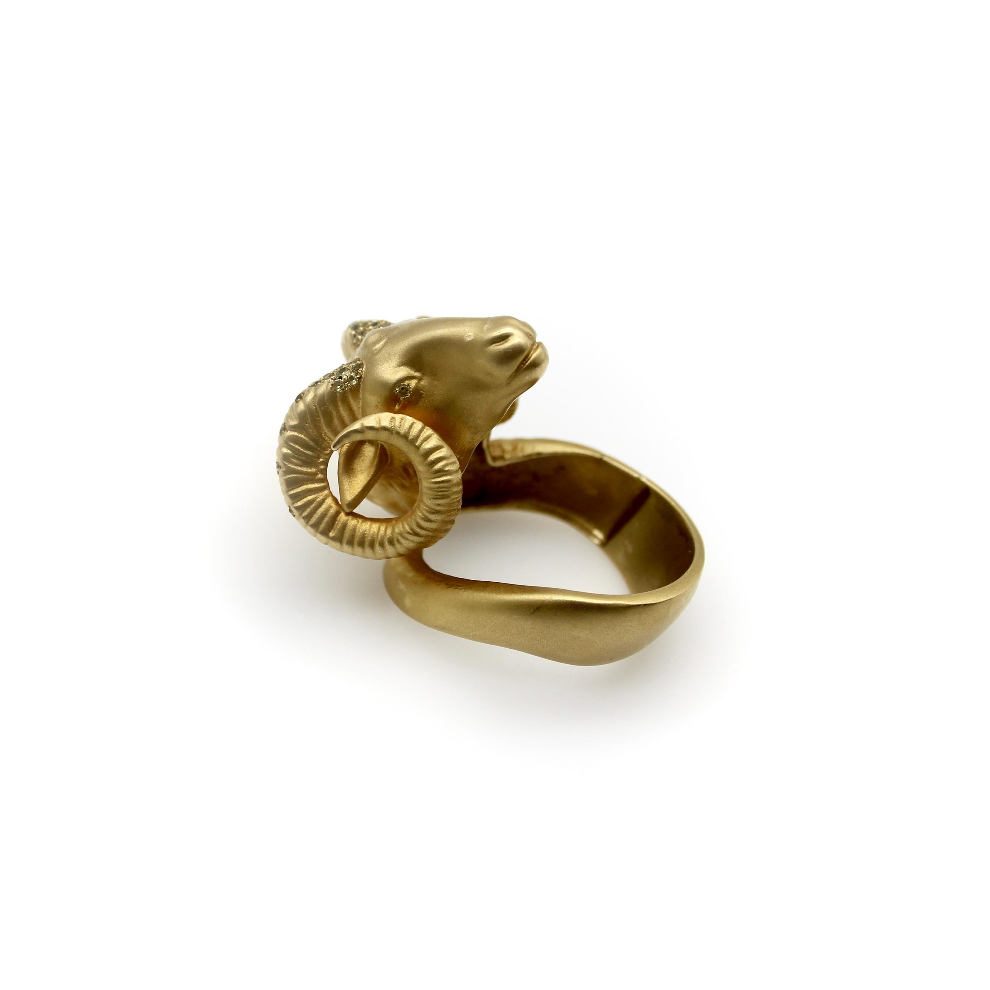 Round Cut Helannona 14k Gold Ram’s Head Ring with Micro Pave Citrines