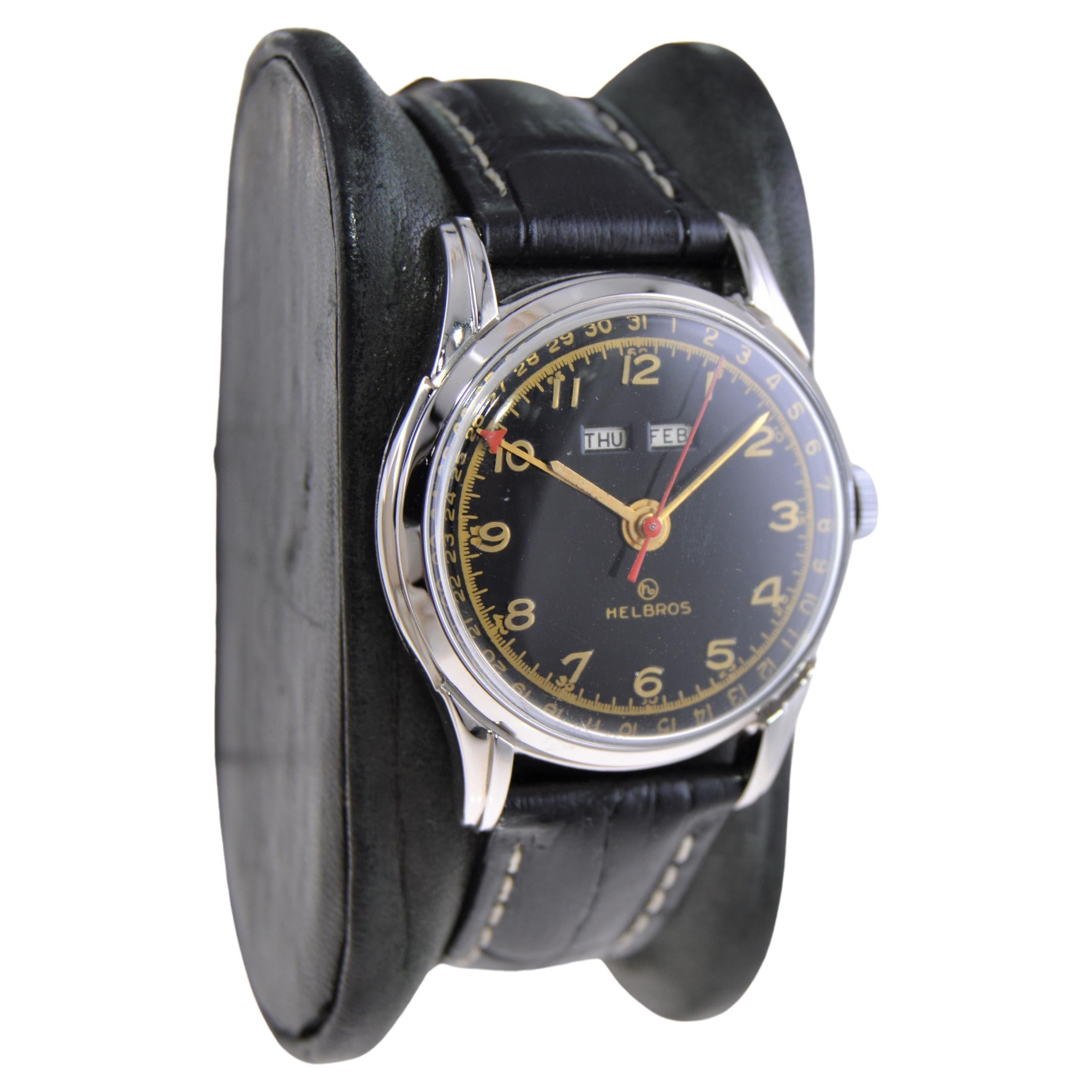 FACTORY / HOUSE: Helbros Watch Company
STYLE / REFERENCE: Triple Date / Calendar / Art Deco
METAL / MATERIAL: Chromium and Steel
CIRCA / YEAR: 1950's
DIMENSIONS / SIZE:  Length 38mm X Diameter 31mm
MOVEMENT / CALIBER: Manual Winding / 17 Jewels /