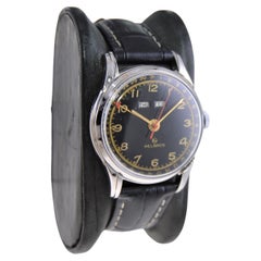 Helbros Chromium and Steel Art Deco Triple Date Calendar Watch from 1950s