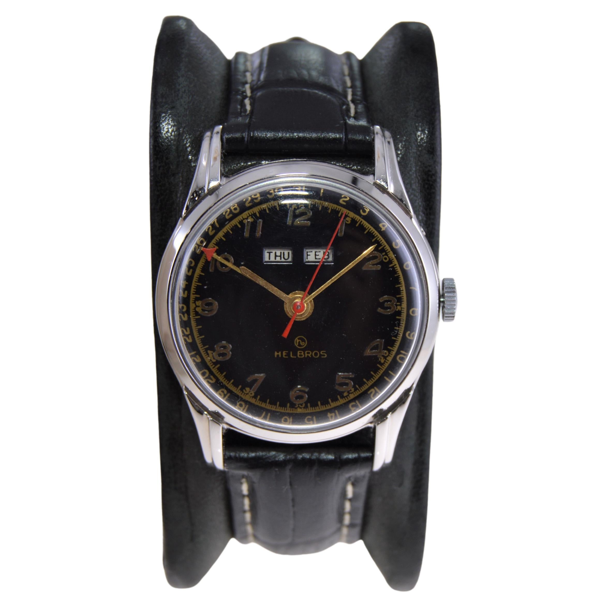 Helbros Chromium and Steel Art Deco Triple Date Calendar Watch from 1950s For Sale