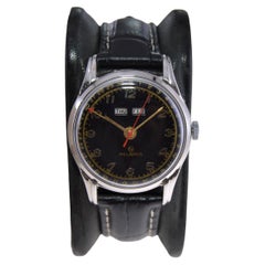 Retro Helbros Chromium and Steel Art Deco Triple Date Calendar Watch from 1950s