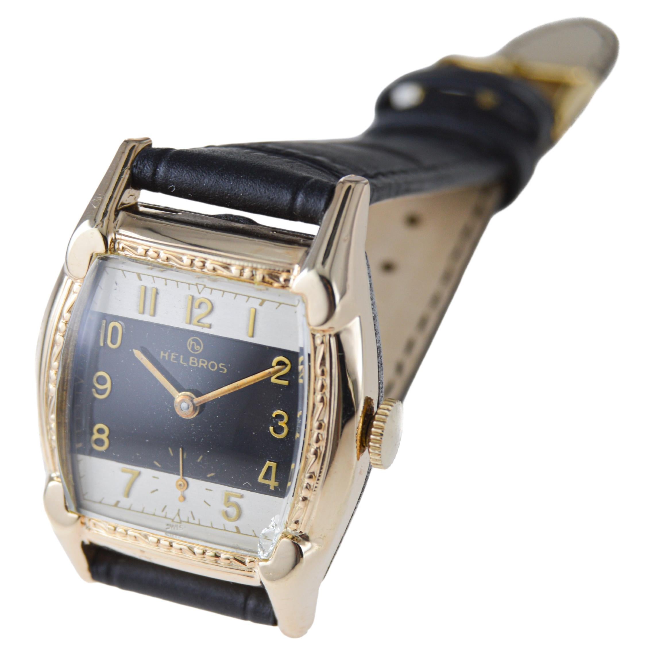 Helbros Gold Filled Art Deco Watch circa, 1940's Tonneau Shape In Excellent Condition In Long Beach, CA