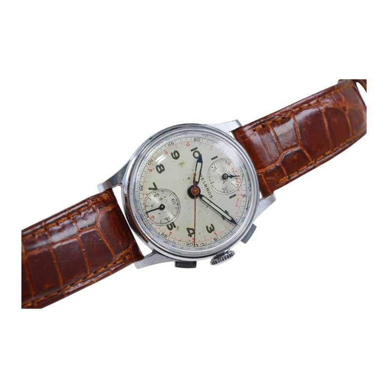 Women's or Men's Helbros Steel Art Deco Chronograph with Original Patinated Dial, circa 1940s For Sale