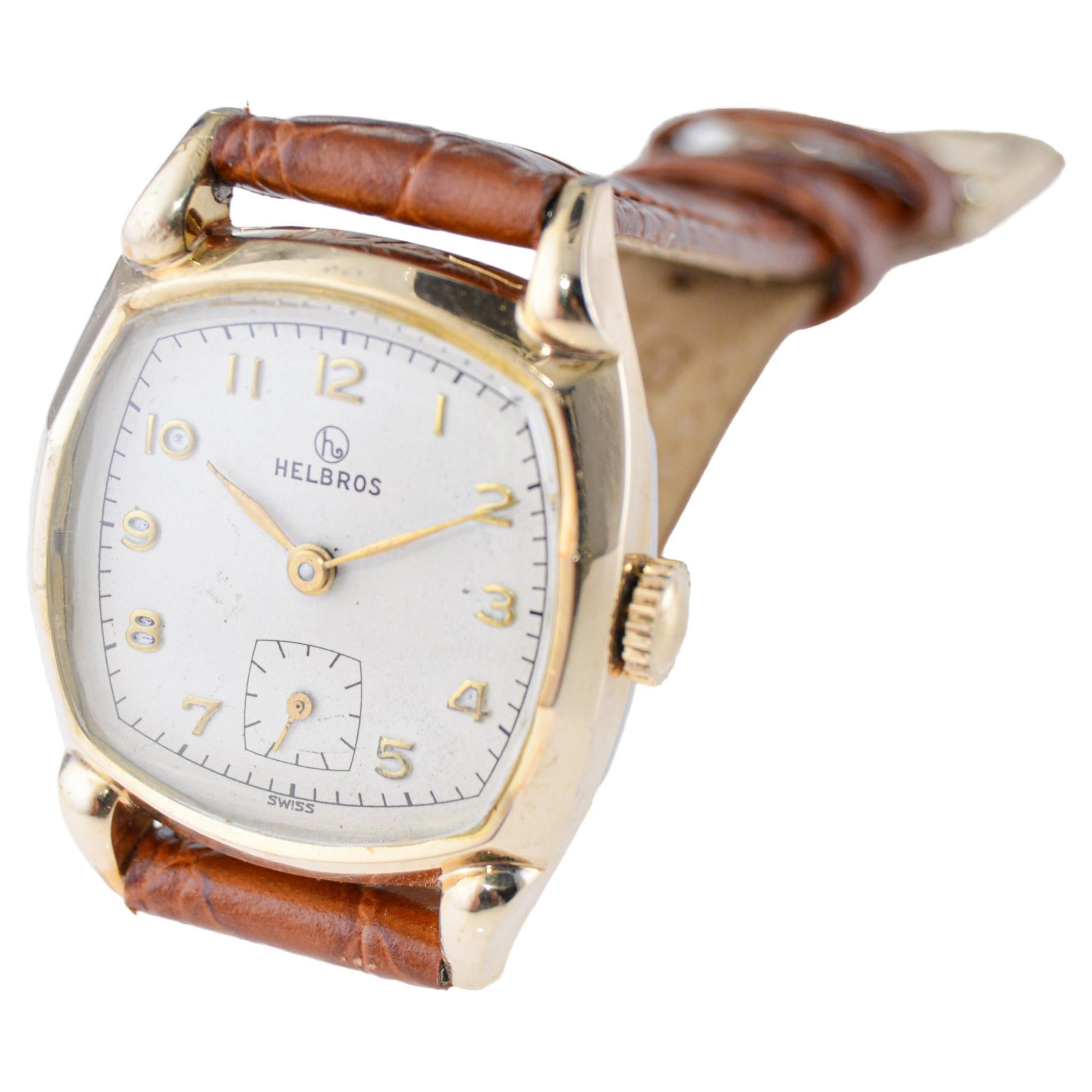 Art Deco Helbros Yellow Gold Filled Cushion Shaped Watch from 1940s with Original Dial For Sale