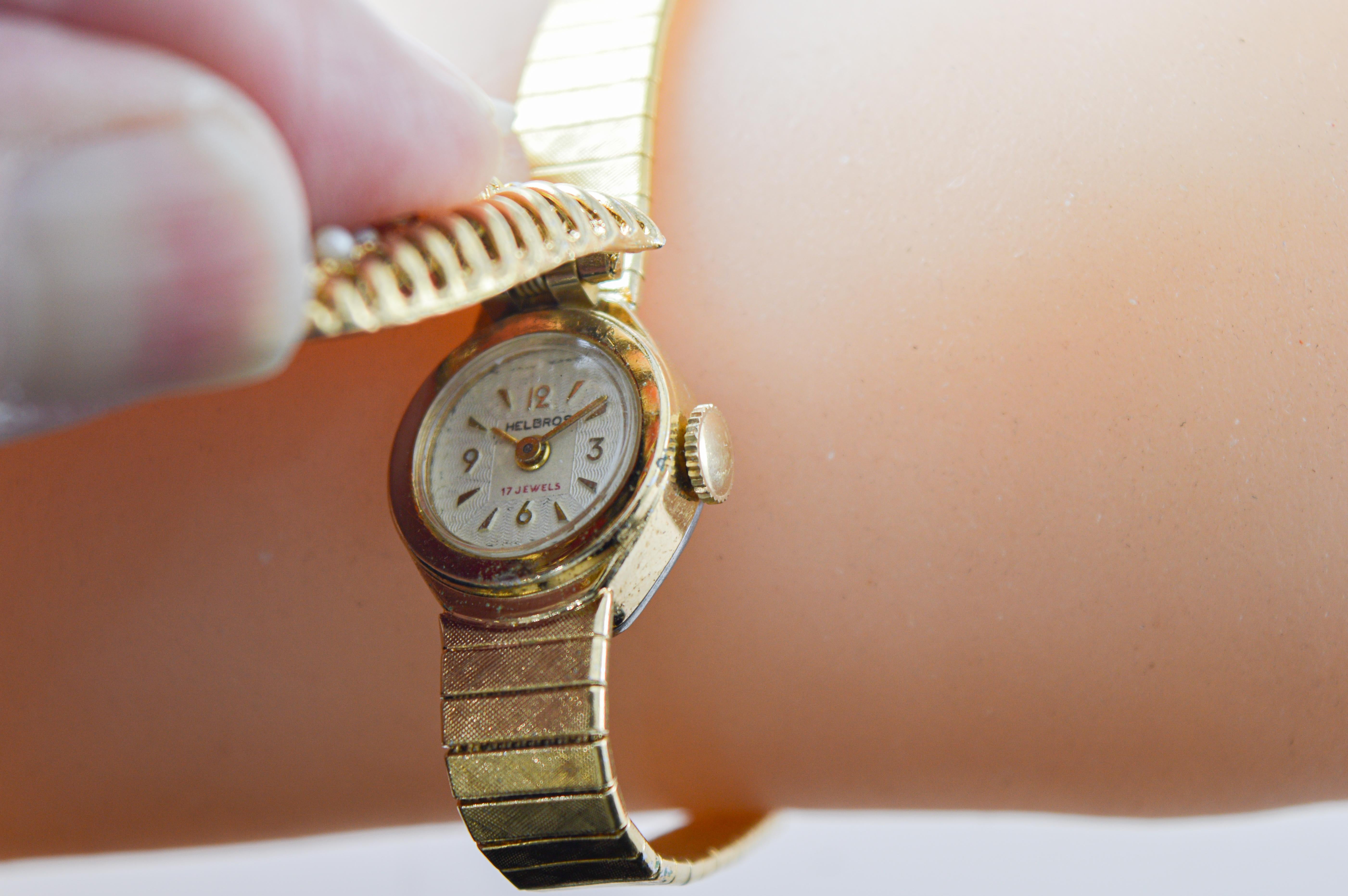 Helbros Yellow Gold Filled Dress Watch 1950's with Covered Dial and Pearl Inlay For Sale 5