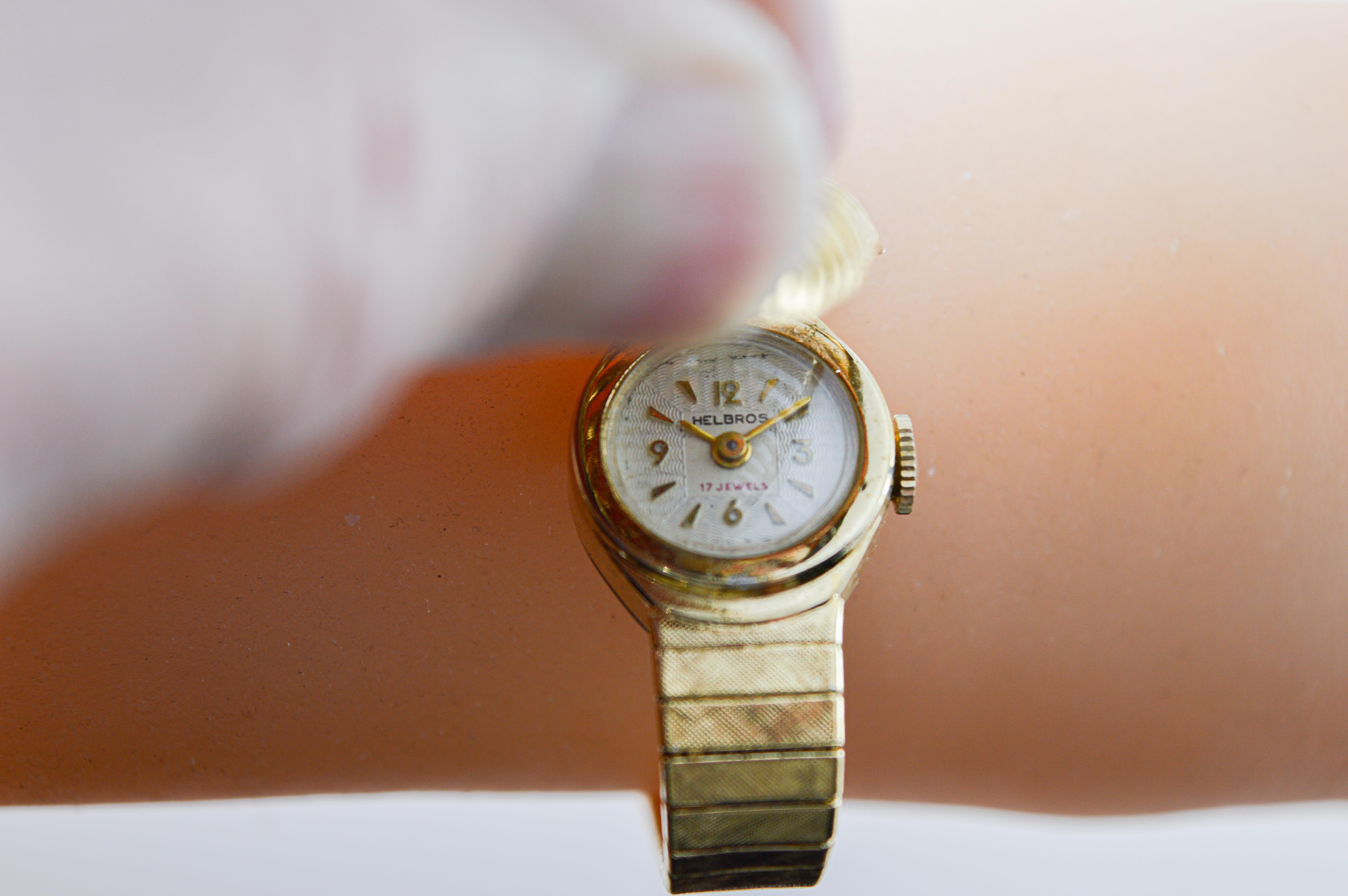 Helbros Yellow Gold Filled Dress Watch 1950's with Covered Dial and Pearl Inlay For Sale 6