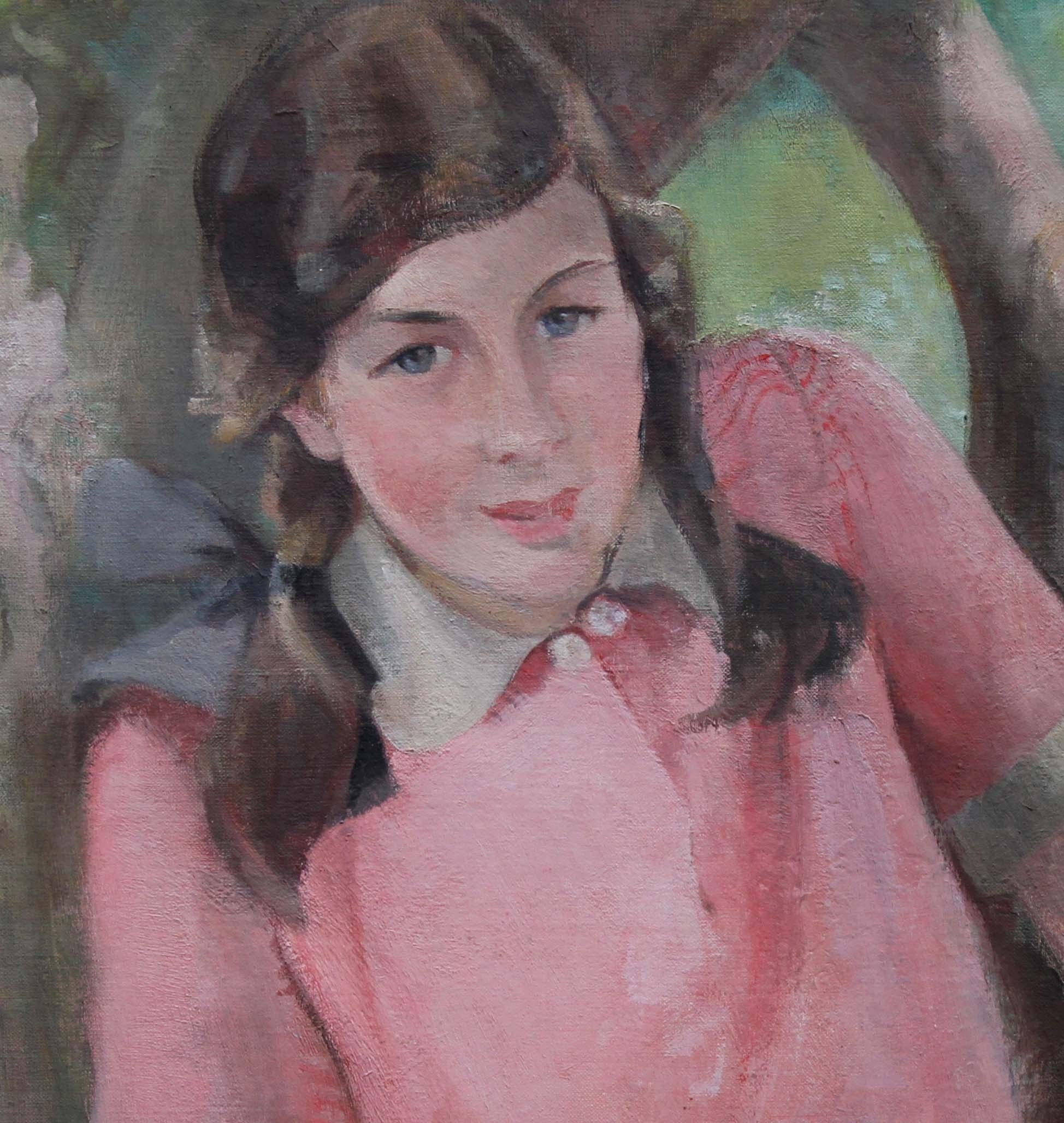 Girl in Pink - Scottish 1920's Impressionist art female portrait oil painting For Sale 1