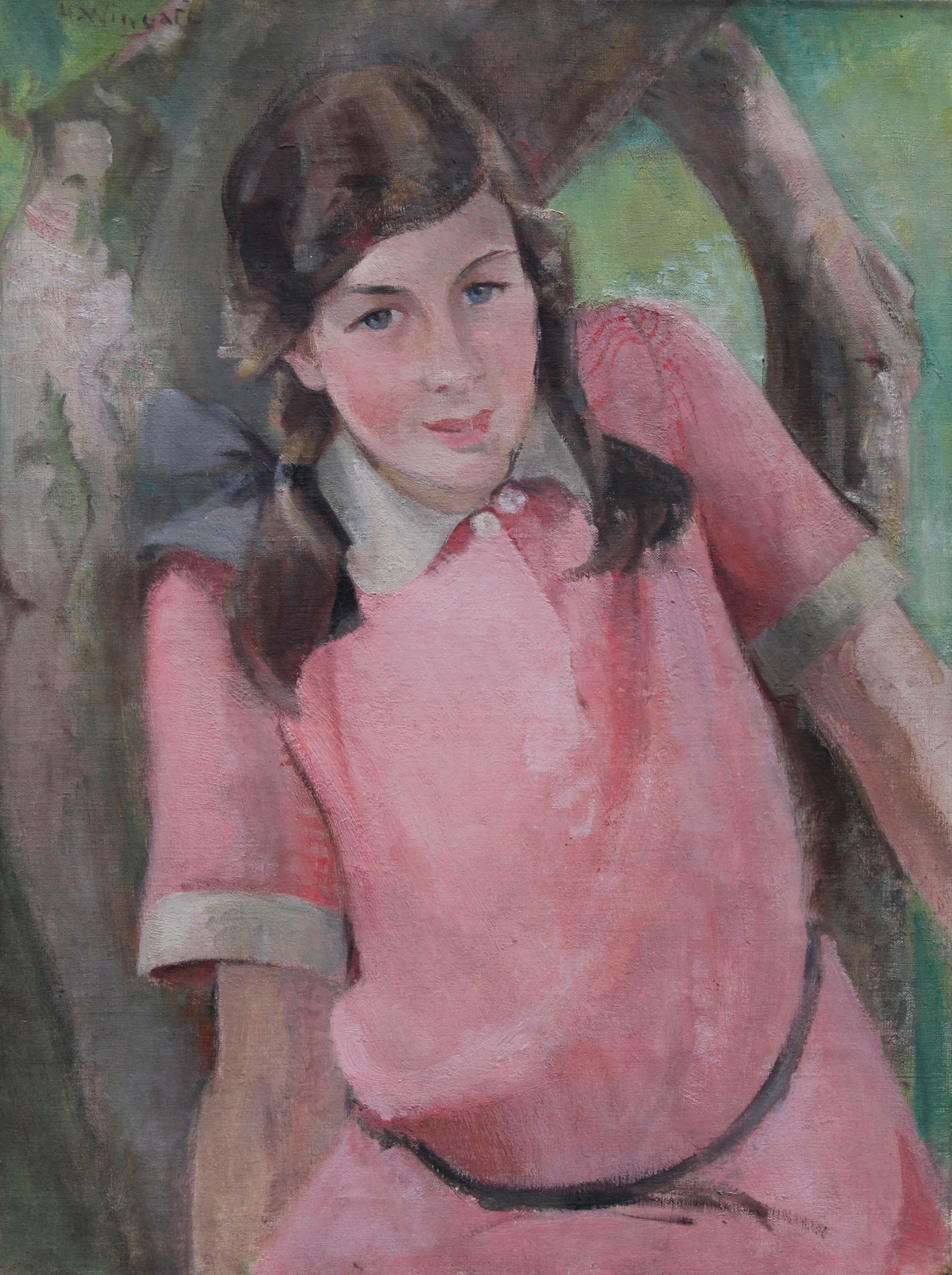 Girl in Pink - Scottish 1920's Impressionist art female portrait oil painting For Sale 6