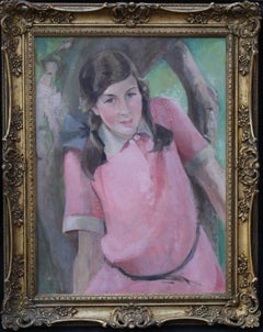 Jeune fille en rose - Peinture à l'huile d'un portrait de femme impressionniste écossais des années 1920