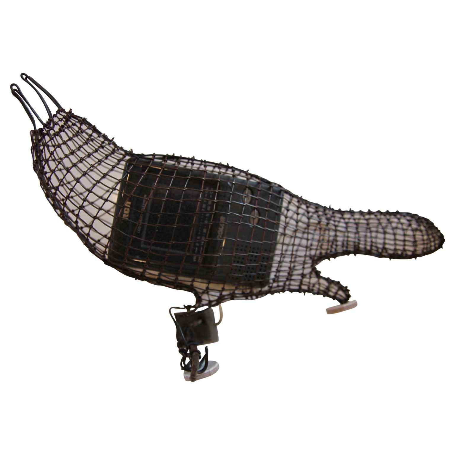 Helen Altman Abstract Sculpture - "TV Bird" Contemporary Wire Grackle Bird Sculptures with RCV Pocket TV