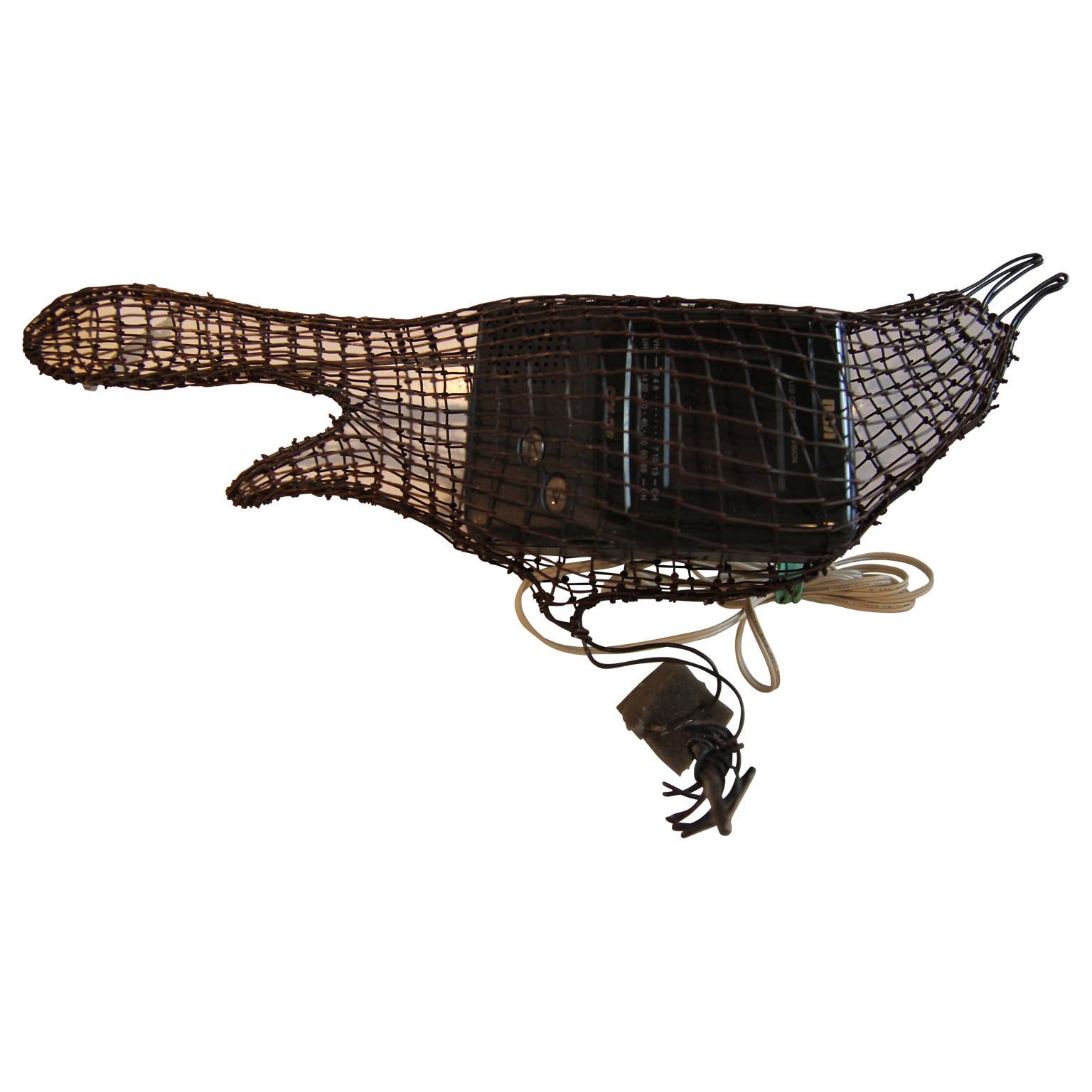 "TV Bird" Contemporary Wire Grackle Bird Sculptures with RCV Pocket TV - Mixed Media Art by Helen Altman