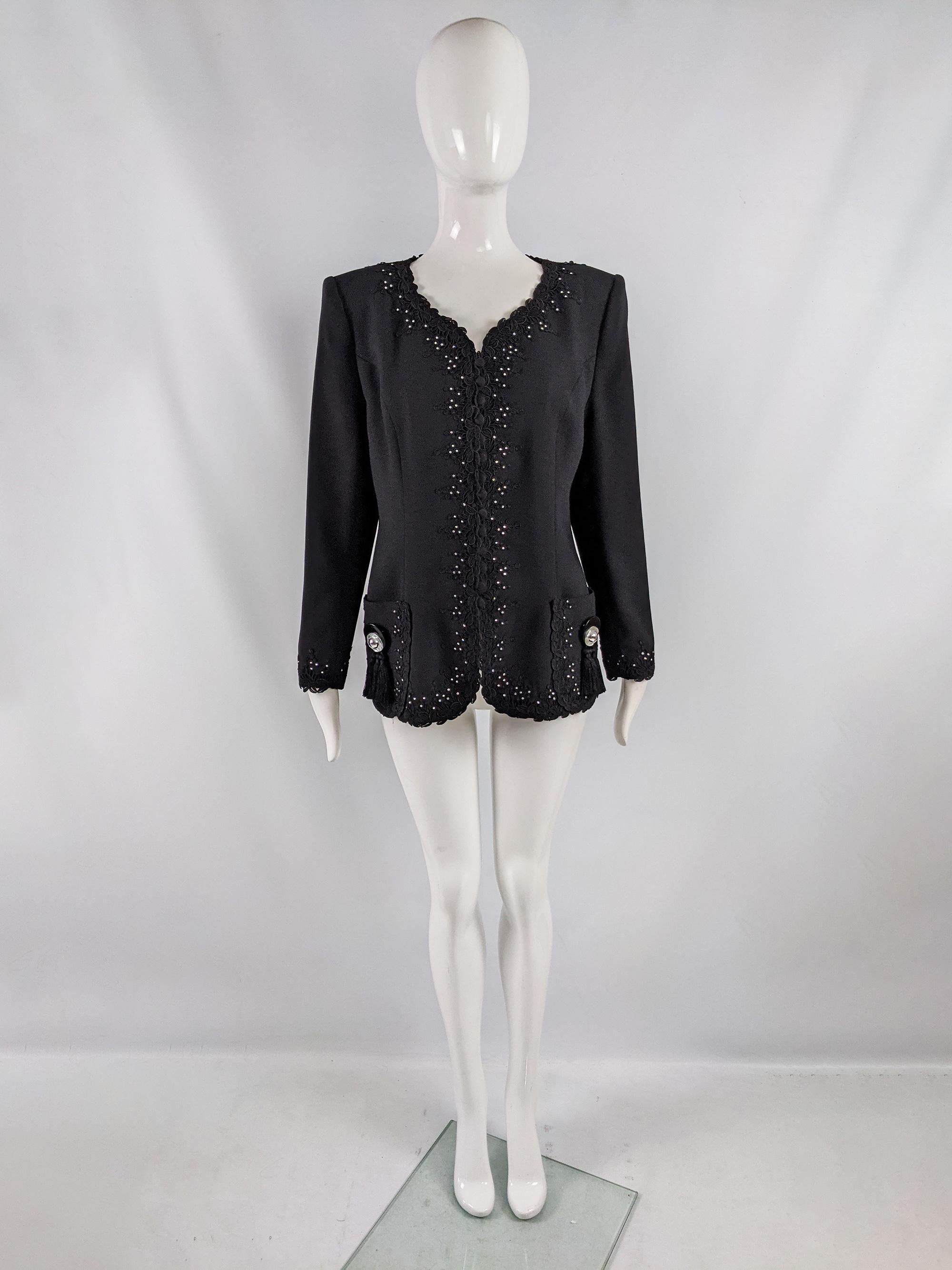 A classy vintage womens jacket from the 80s by luxury British fashion designer, Helen Anderson. In a black wool blend crepe with shoulder pads, a beaded lace trim around the collar and an incredible tassel design on the pockets.

Size: Marked