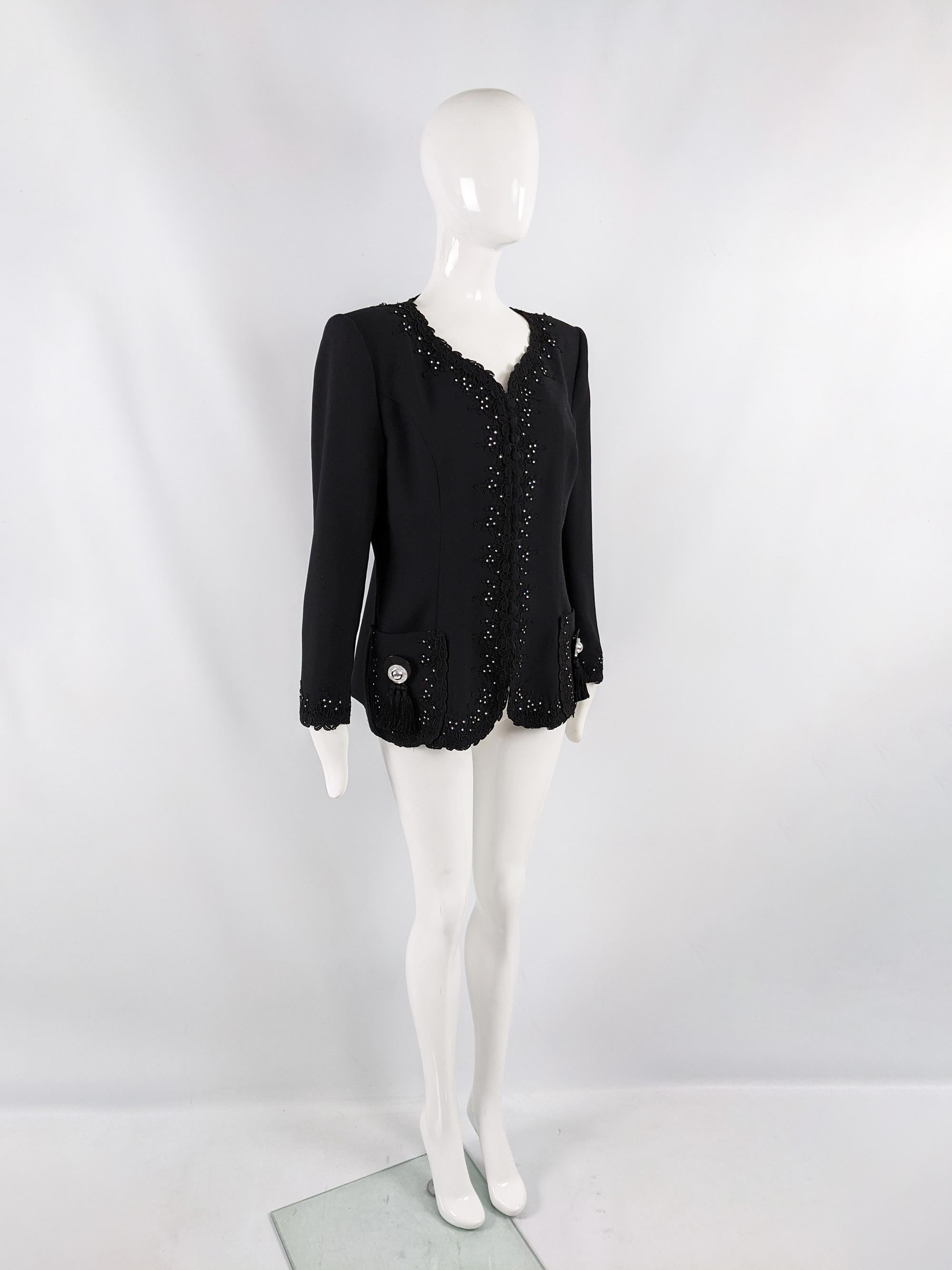 Helen Anderson Vintage 80s Black Crepe Shoulder Pads Tassel Blazer Jacket, 1980s For Sale 1