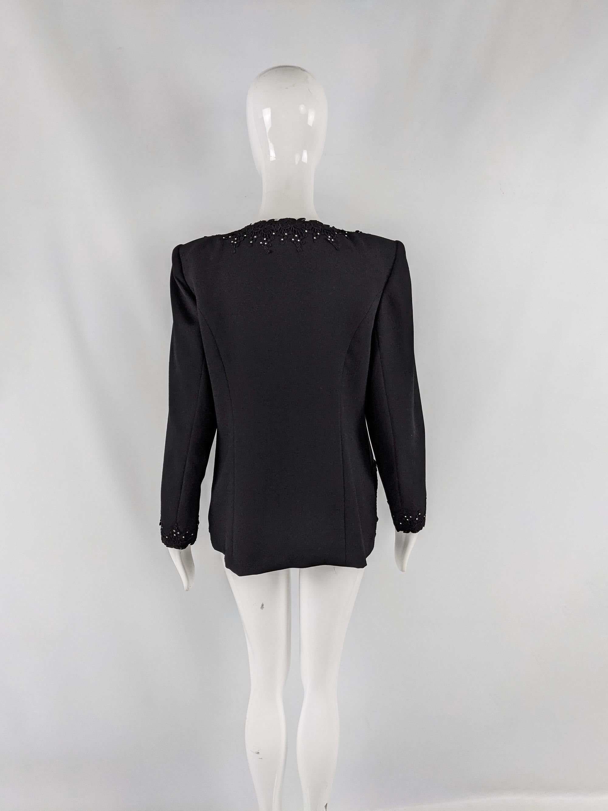 Helen Anderson Vintage 80s Black Crepe Shoulder Pads Tassel Blazer Jacket, 1980s For Sale 2