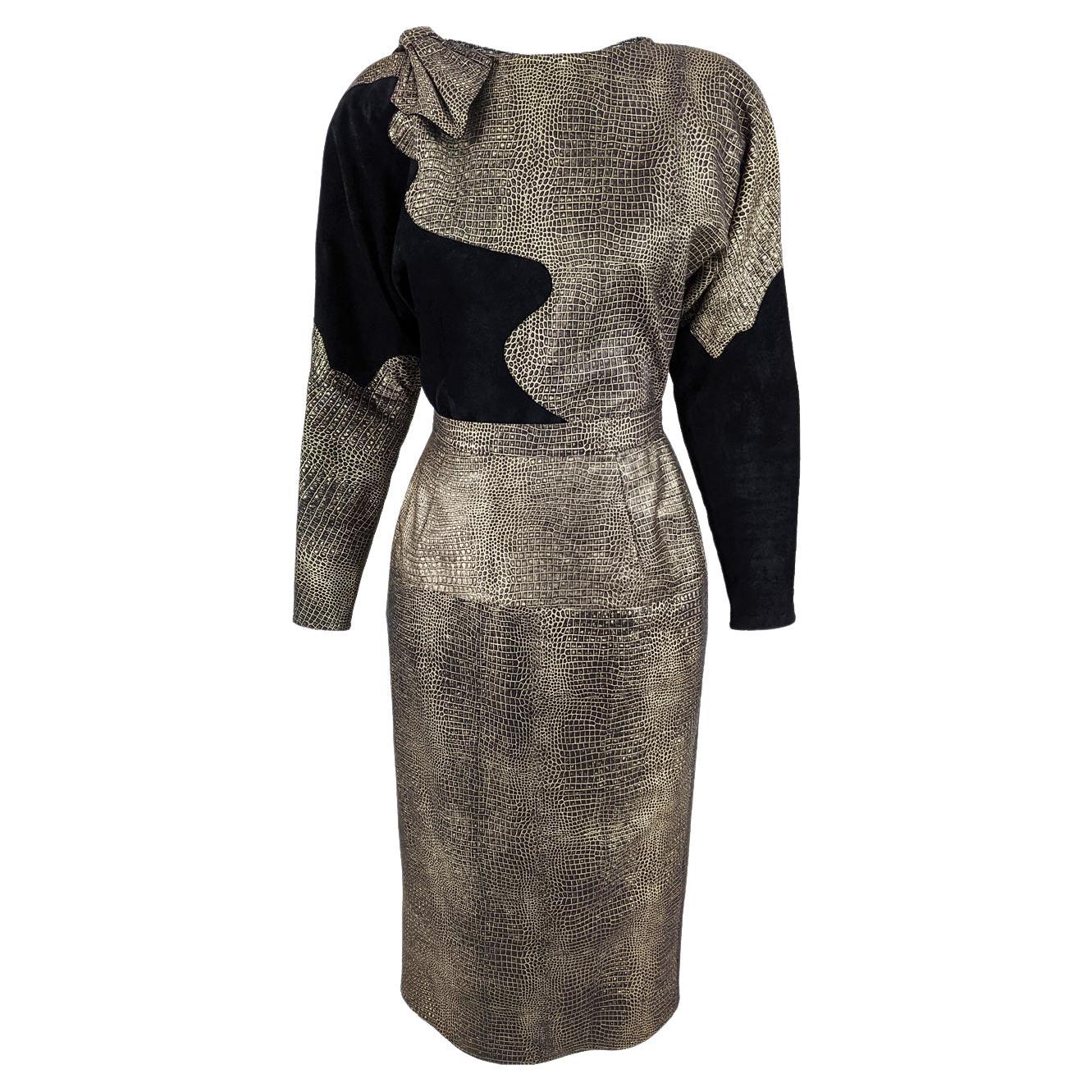 Helen Anderson Vintage 80er Jahre 2-teiliger Anzug mit Rock und Tiermuster aus schwarzem Wildleder 
Leder im Angebot