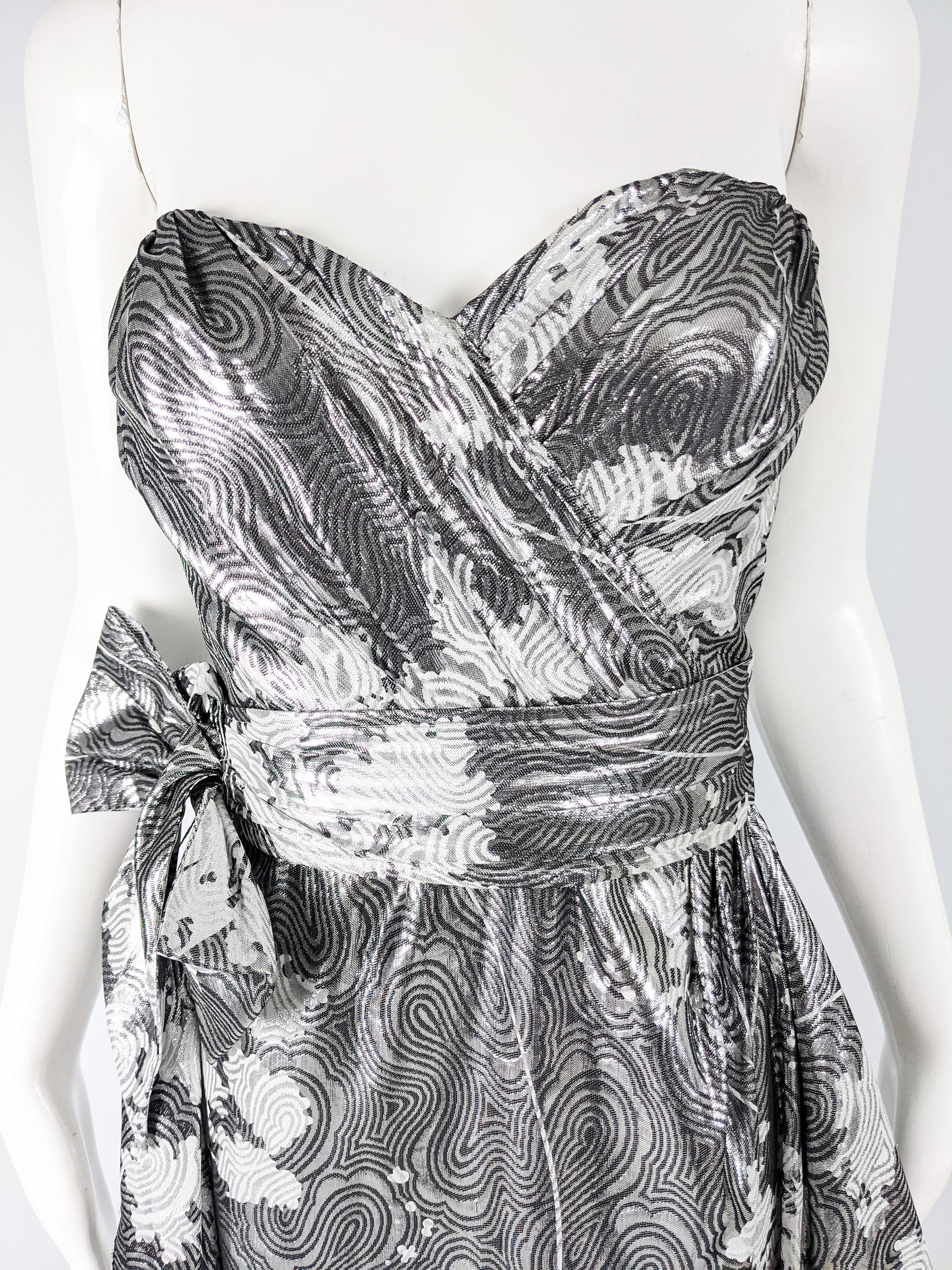 Women's Helen Anderson Vintage Silver Strapless Silk Lamé Evening Gown, 1980s