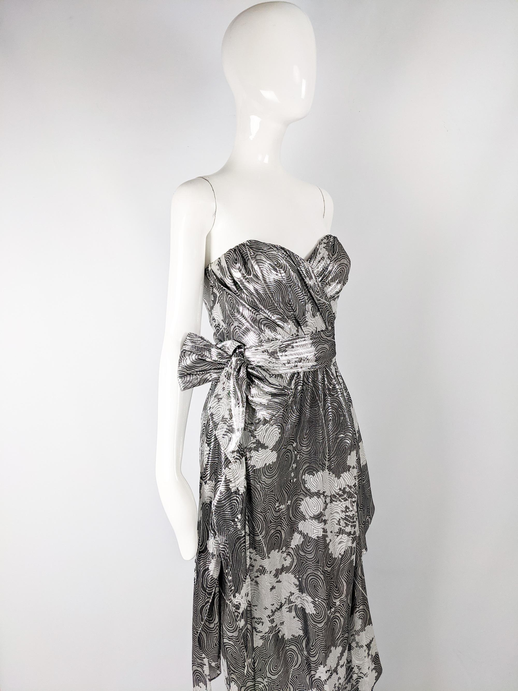 Helen Anderson Vintage Silver Strapless Silk Lamé Evening Gown, 1980s 1