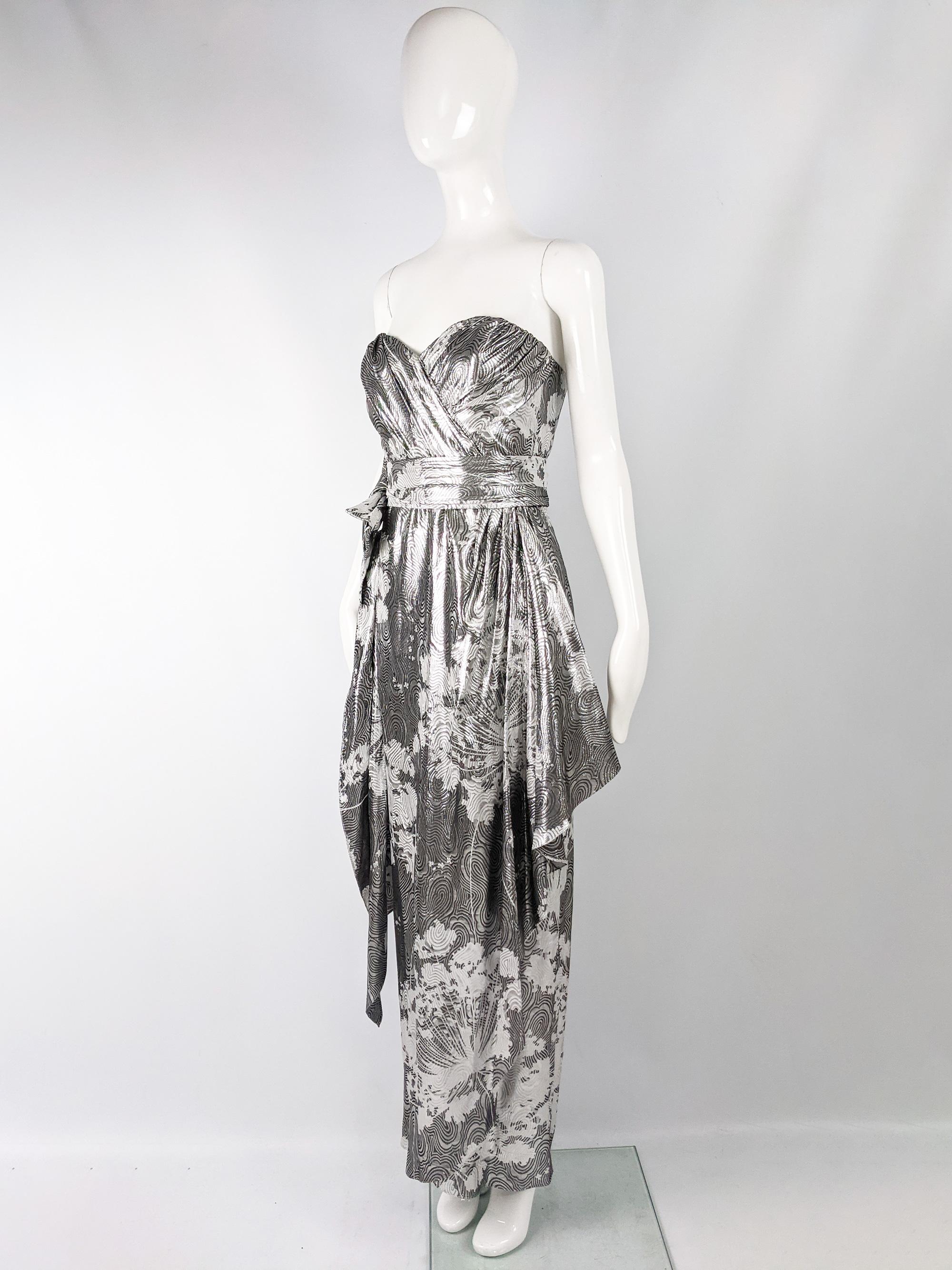 Helen Anderson Vintage Silver Strapless Silk Lamé Evening Gown, 1980s 2