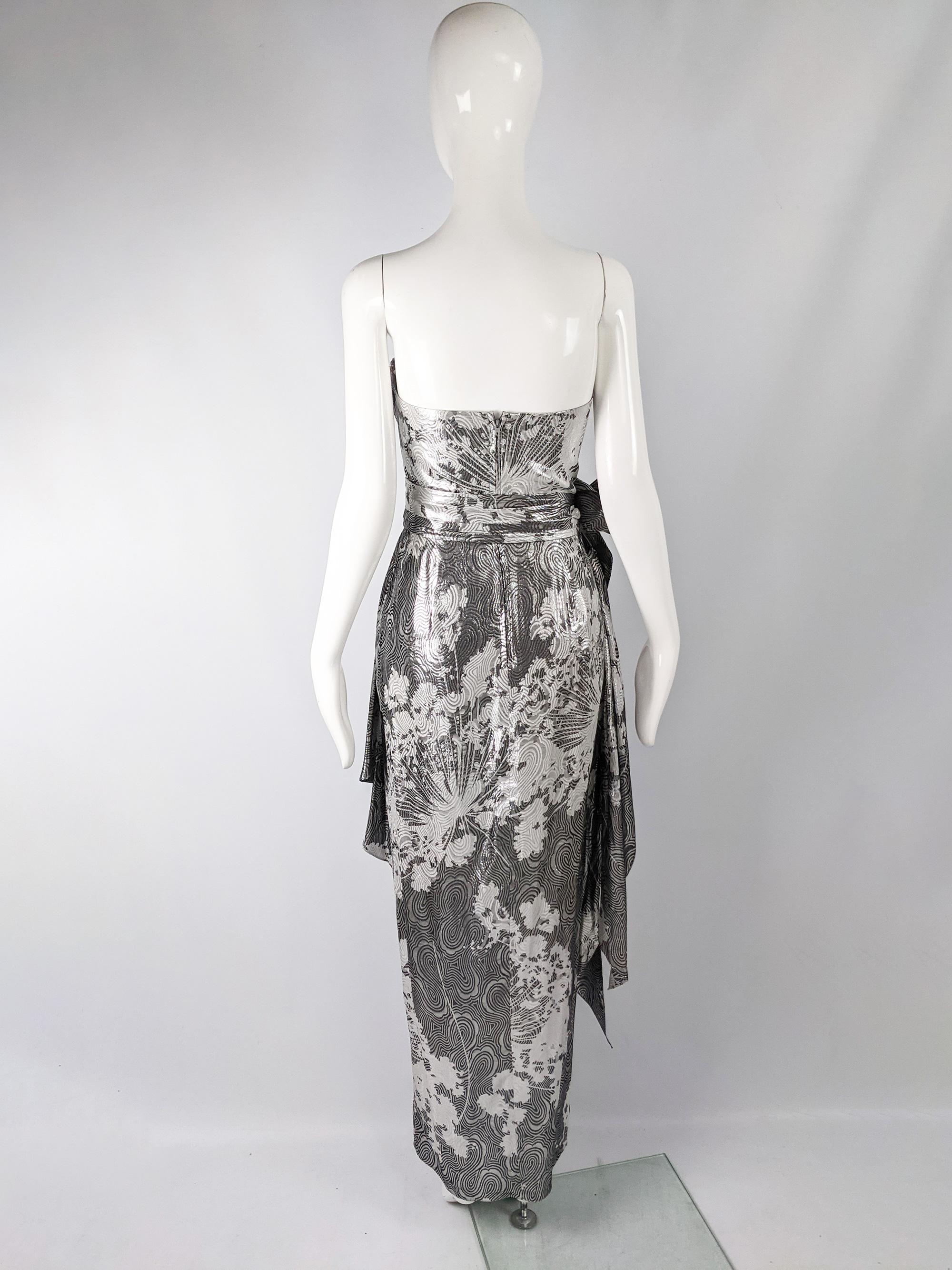 Helen Anderson Vintage Silver Strapless Silk Lamé Evening Gown, 1980s 3