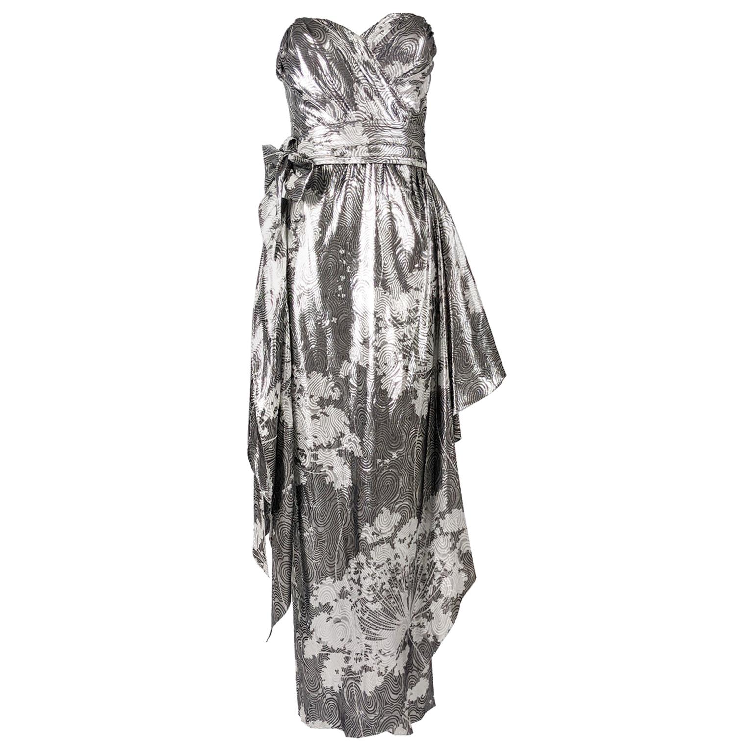 Helen Anderson Vintage Silver Strapless Silk Lamé Evening Gown, 1980s