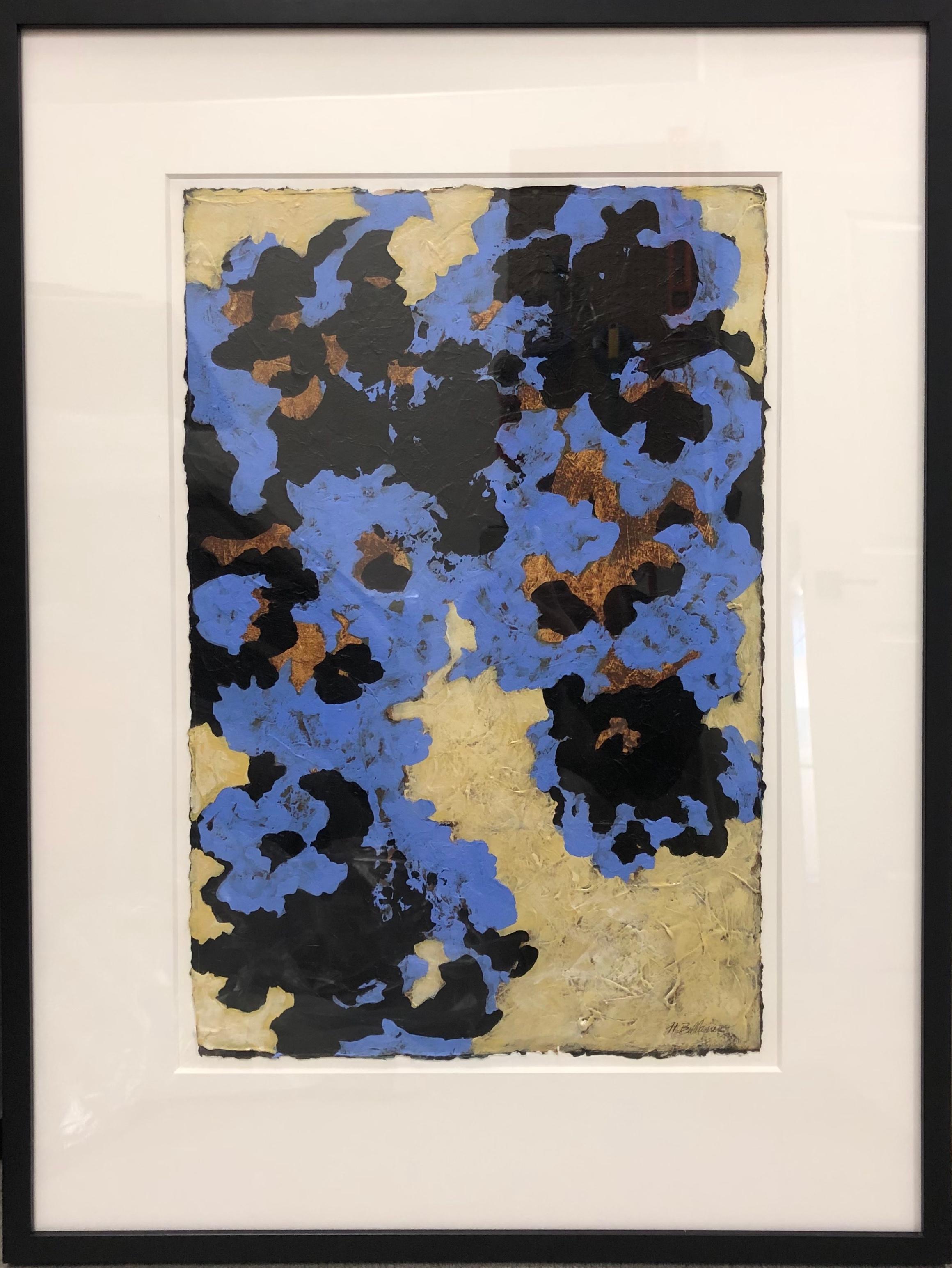 Blue Violet - Abstract Expressionist Mixed Media (Blue + Black + Sienna + Cream) - Contemporary Painting by Helen Bellaver