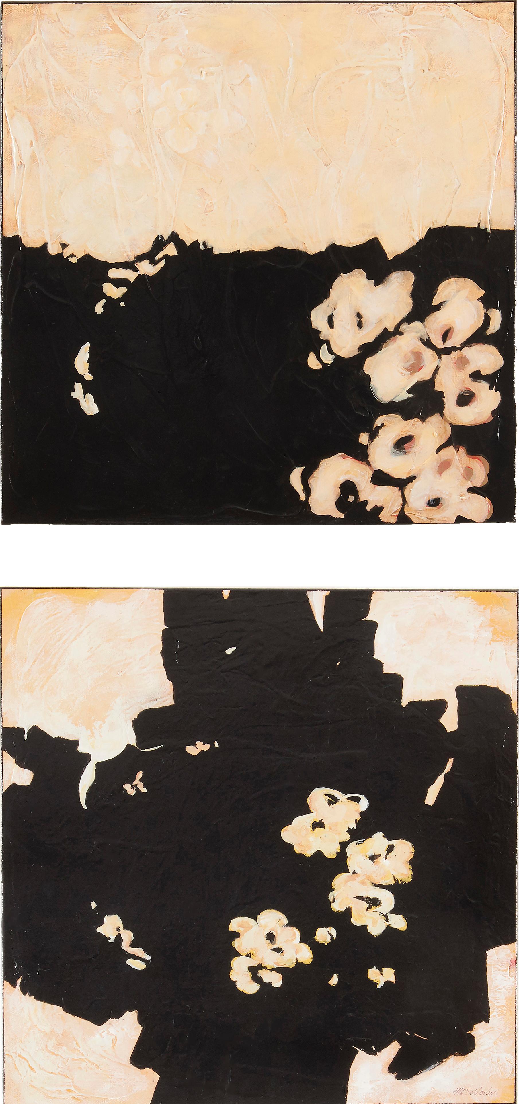 Helen Bellaver Abstract Painting - Legends Diptych - Floral Contemporary Abstraction with Black and Cream