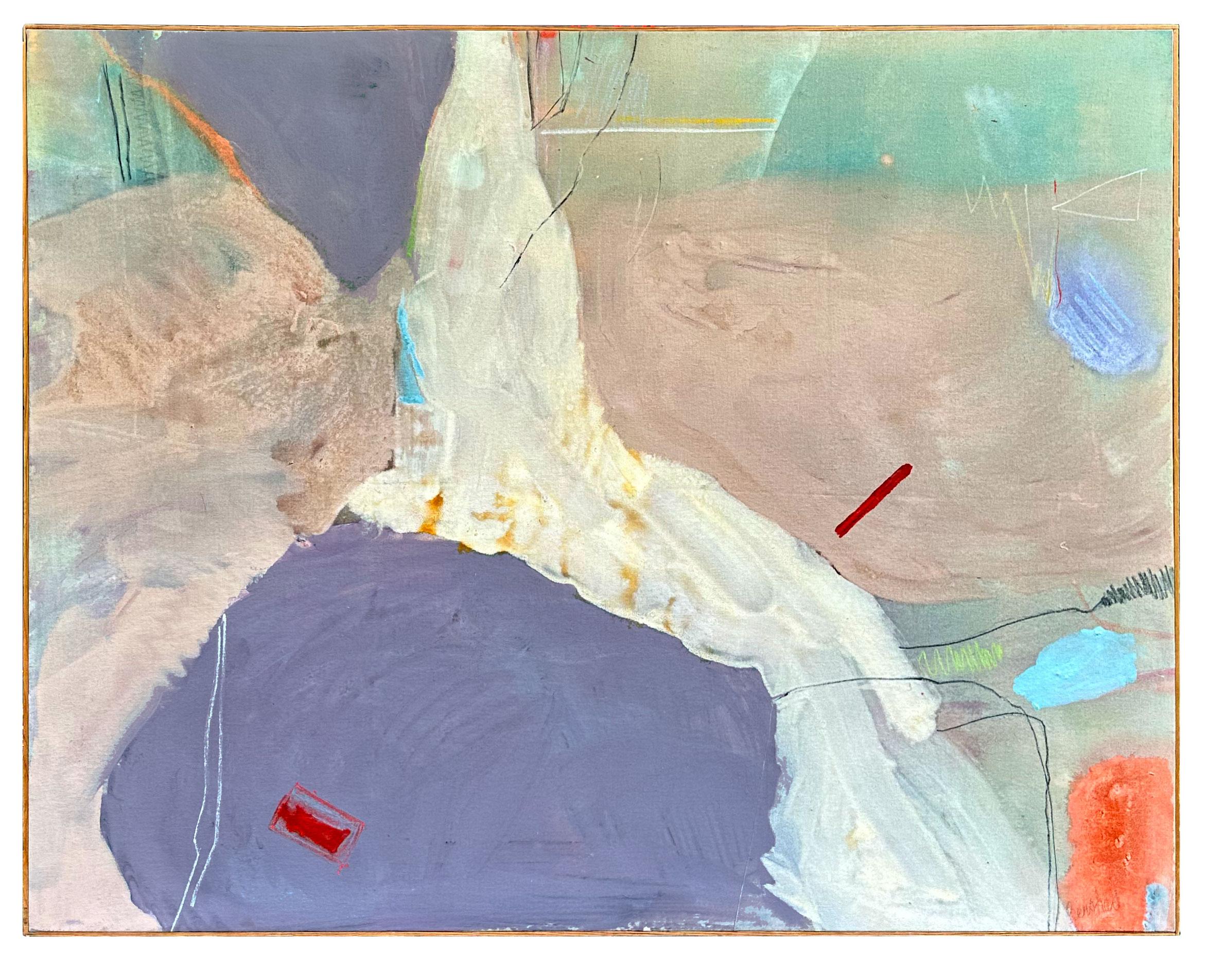 Mid-20th Century oil on stretched canvas by Helen Bershad. Striking palette with tender mark-making over large color fields. Presented in original wood lathe frame. 