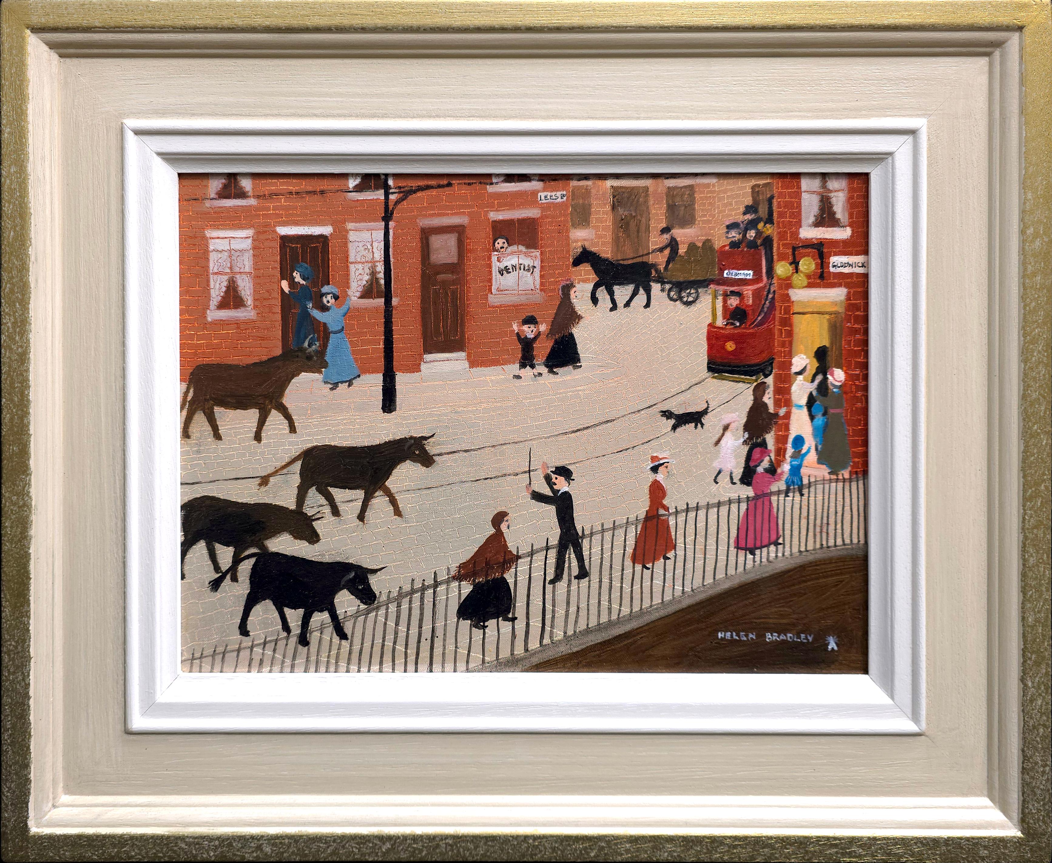 Helen Bradley Figurative Painting – Tante Mary trifft auf einen Stier