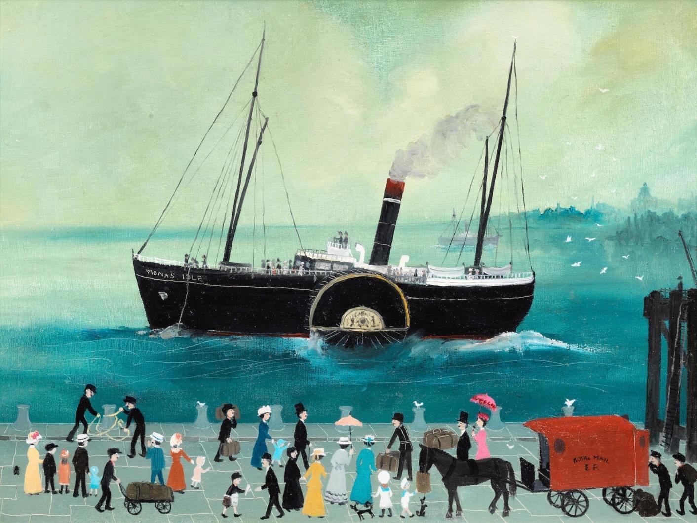 Helen Bradley Landscape Painting – Waiting in Liverpool, um auf die Isle of Man zu gehen