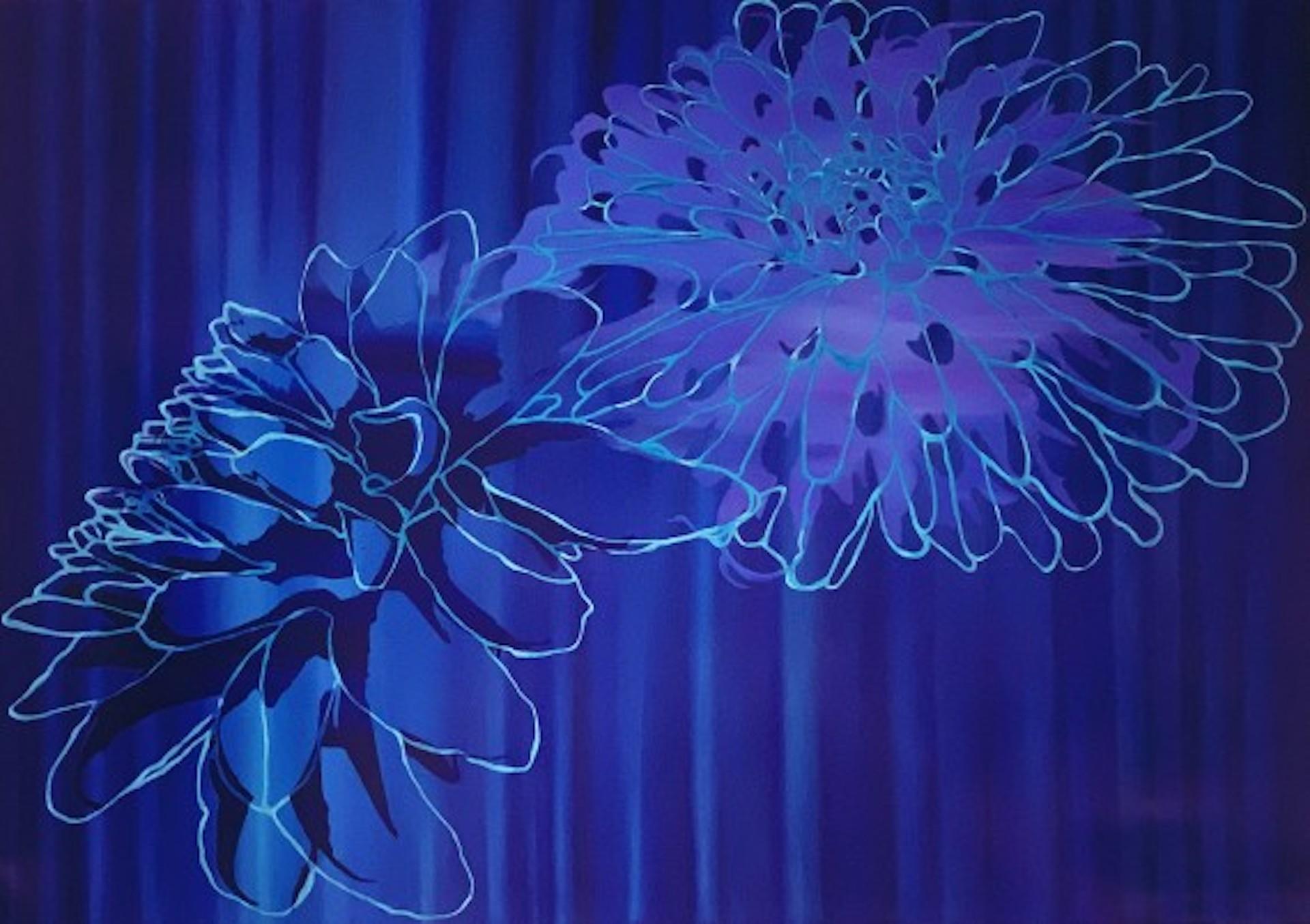 Dahlia Blau, zeitgenössische Kunst, Blumenkunst, farbenfroher Druck, Statement-Kunst
