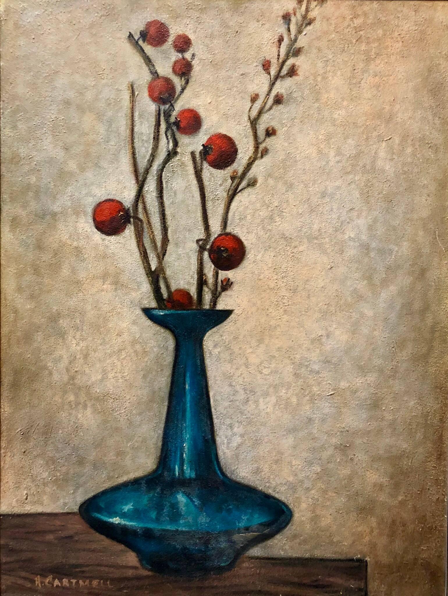 Helen Cartmell Still-Life Painting - Modernist Floral Arrangement in a Mod Vase 1957 Oil Painting