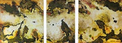 27 - French Artist large Triptych Painting Colors Blue Pale Brown Beige Yellow