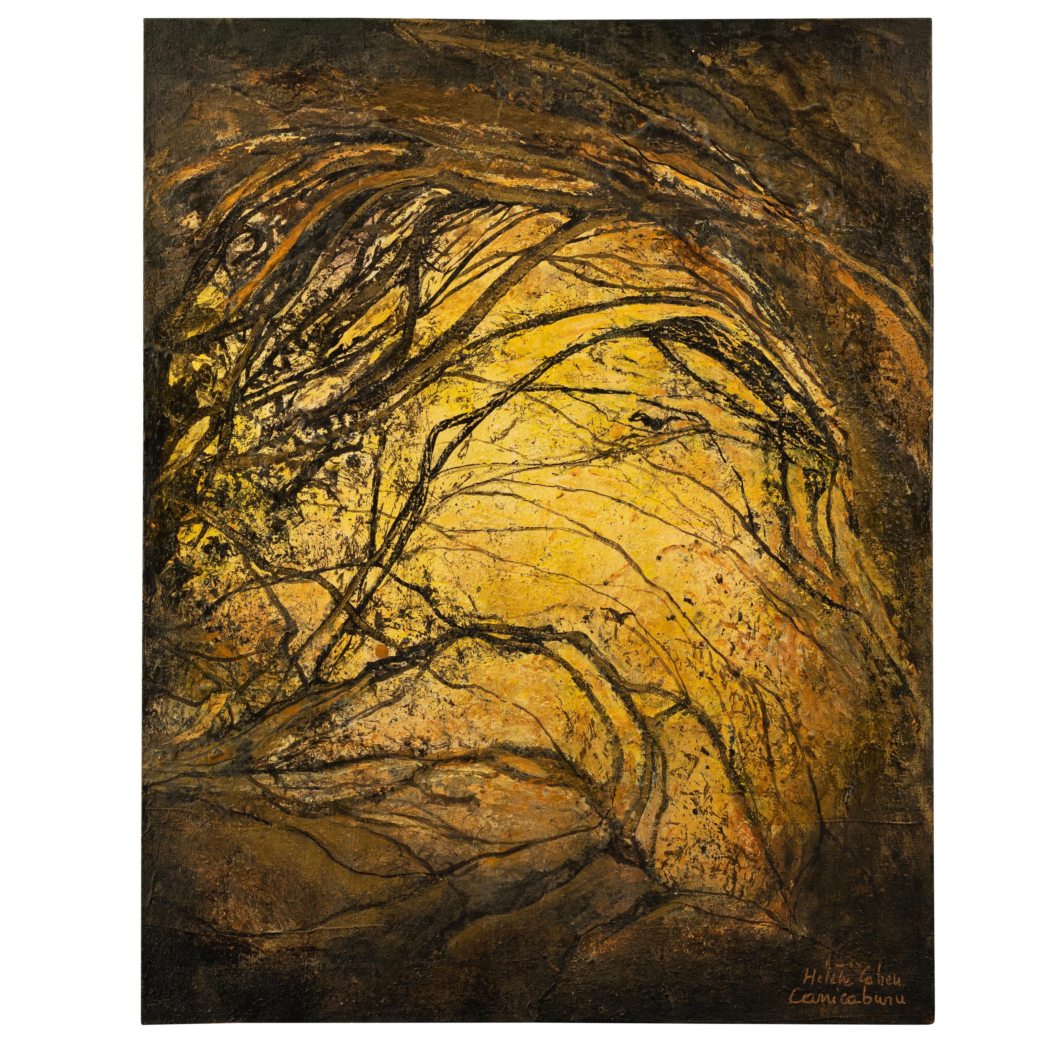 Abstract Painting de Helen Cohen Carricaburu - 28 - Artista francés gran pintura Colores Marrón pálido Beige Amarillo Verde