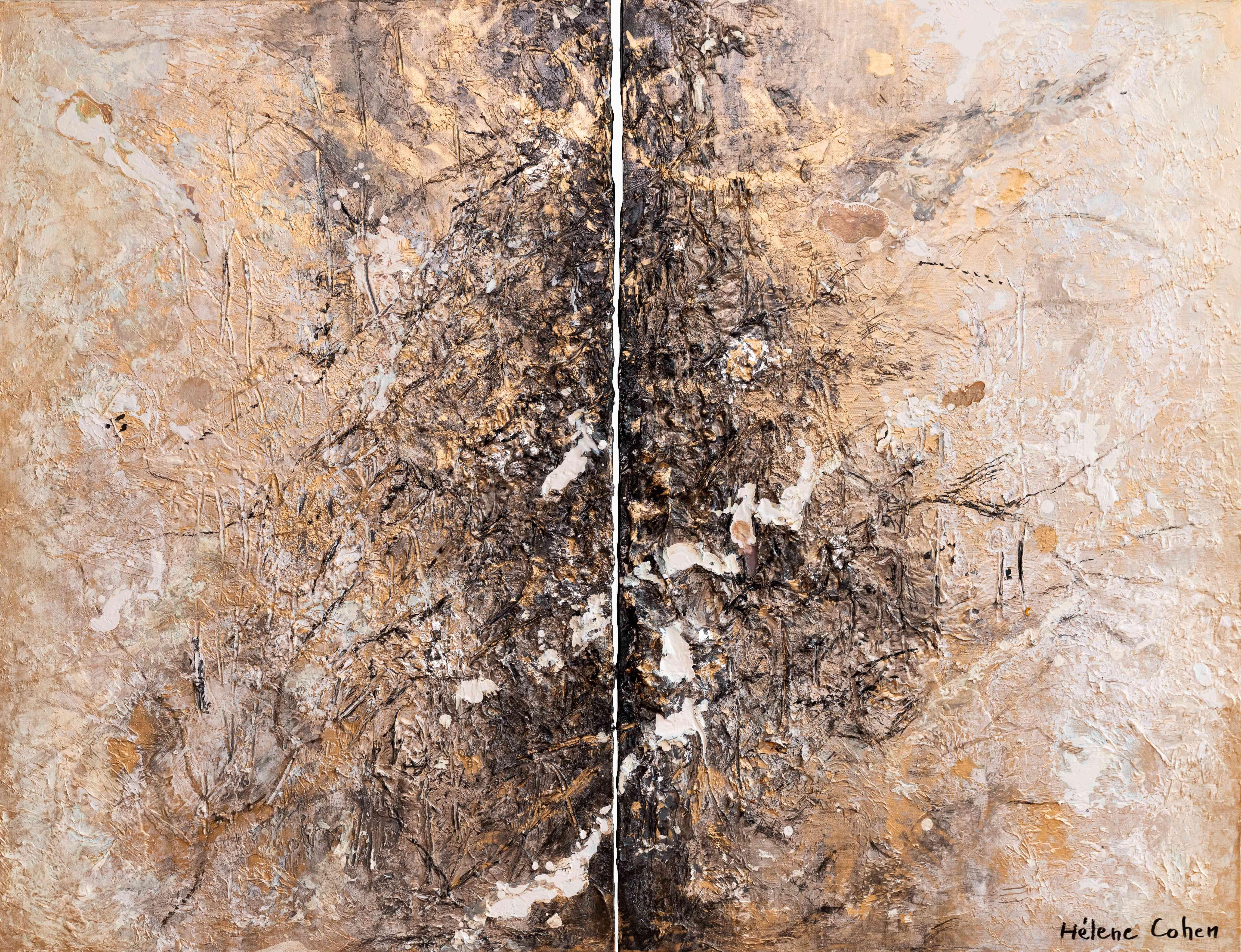 Helen Cohen Carricaburu Abstract Painting - 34 - French Artist Diptych Painting Colors Blue Pale Brown Beige Sand Yellow