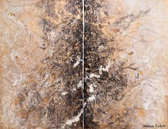 34 - Pintura Díptico Artista Francés Colores Azul Marrón Pálido Beige Arena Amarillo