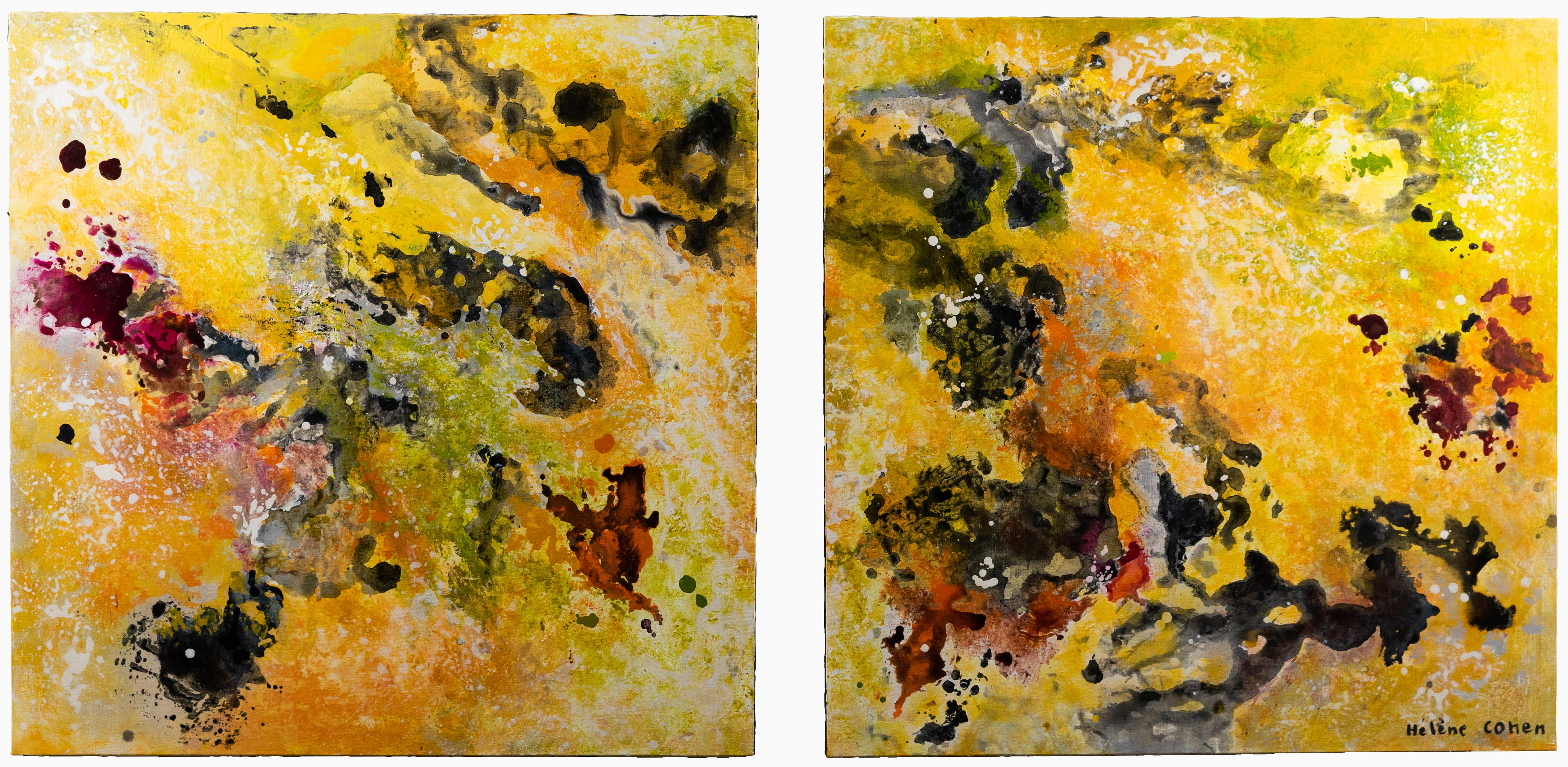 X3 – Großes Diptychon des französischen Künstlers in Blau, Blassbraun, Beige und Gelb