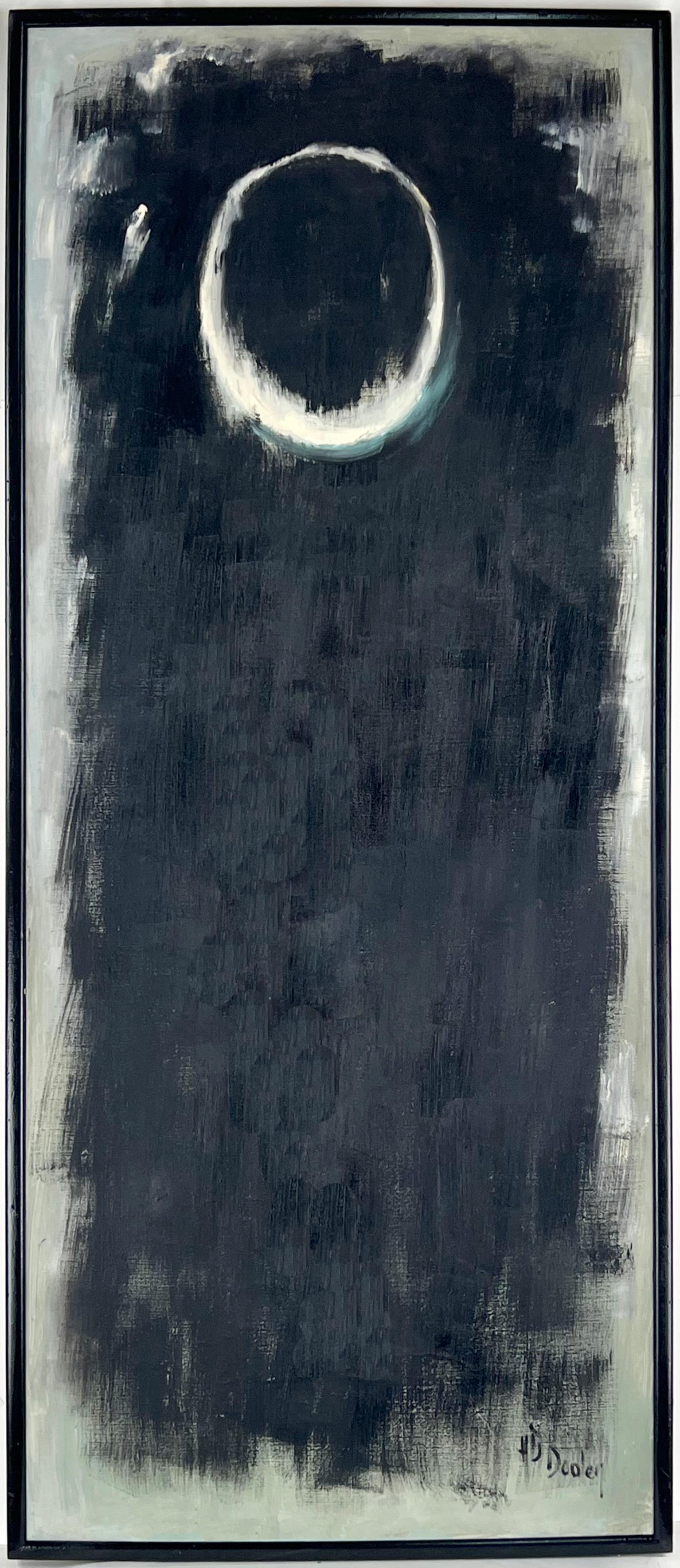 Helen Dooley Abstract Painting - Taos Desert Moon Vintage Black and Grey Monotone Abstract -- "In the Beginning"