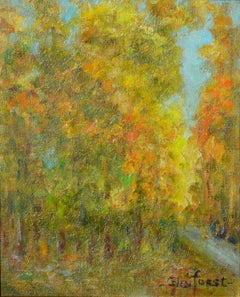 Arbres d'automne - Mid Century Small-Scale Landscape, peinture à l'huile signée