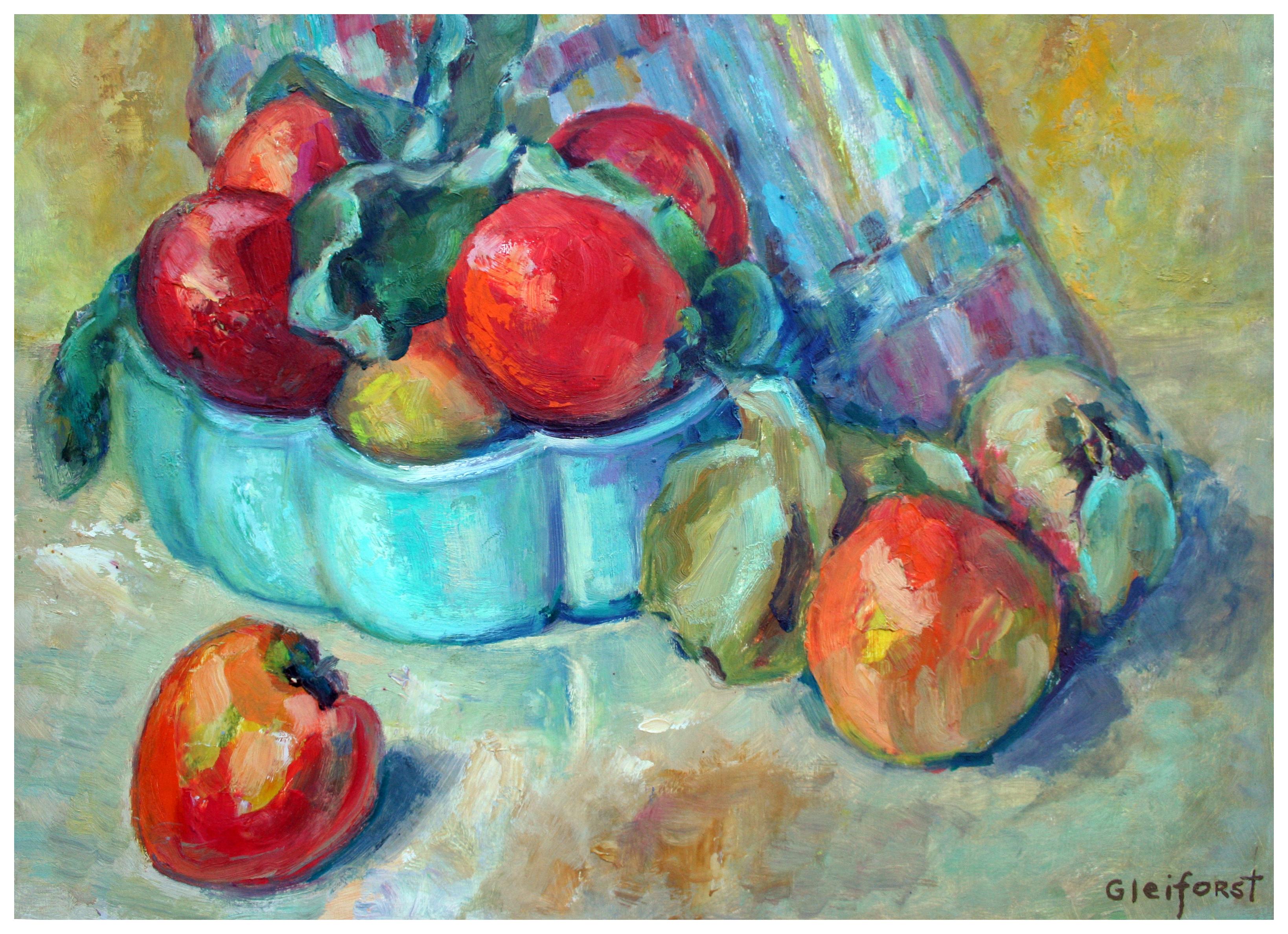 Basket of Fuji Apples Mid Century Still Life  - Impressionist Painting by Helen Enoch Gleiforst