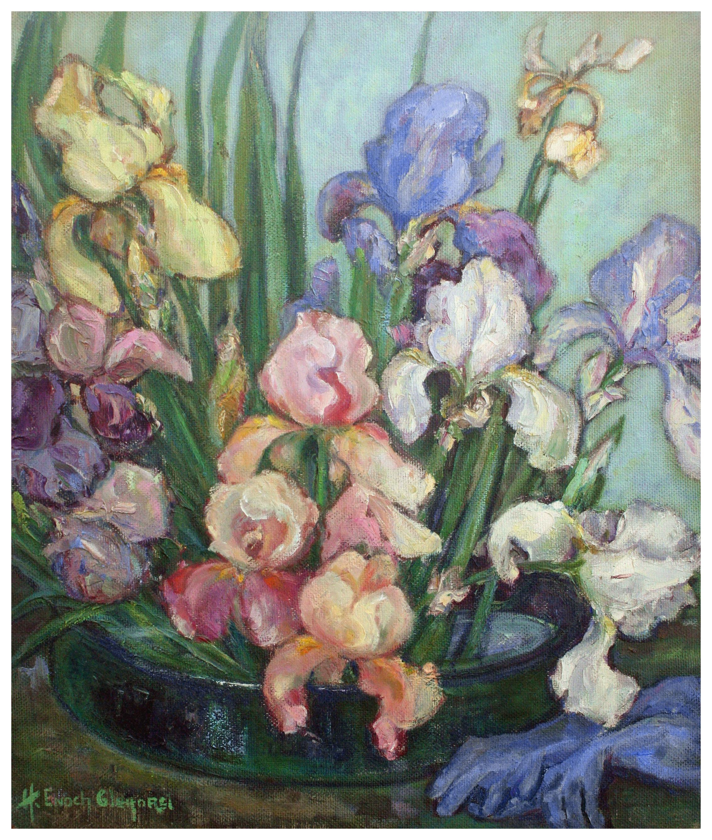 Bearded Iris Still Life/Daffodils and Teapot  (2-sided painting) - Painting by Helen Enoch Gleiforst